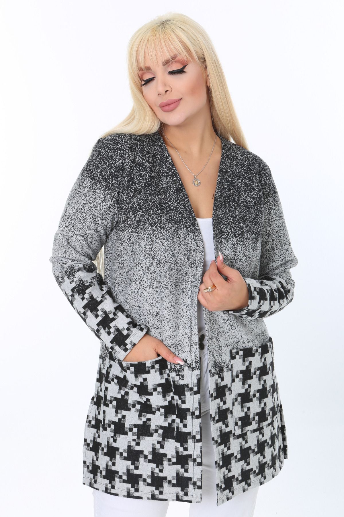 MELSAY-Cardigan scurt tricotat interlock cu model gri Houndstooth de mărime mare 2