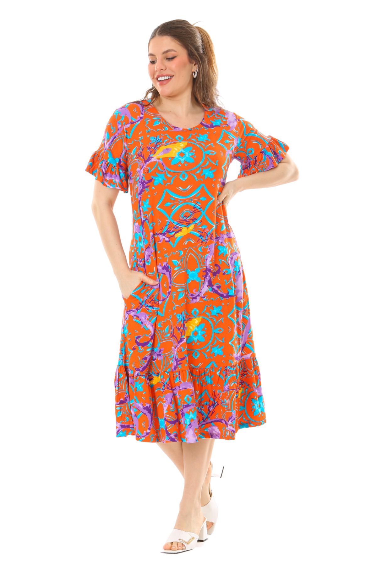 MELSAY-Fustă cu mânecă scurtă de damă cu model retro portocaliu rochie marime mari 3