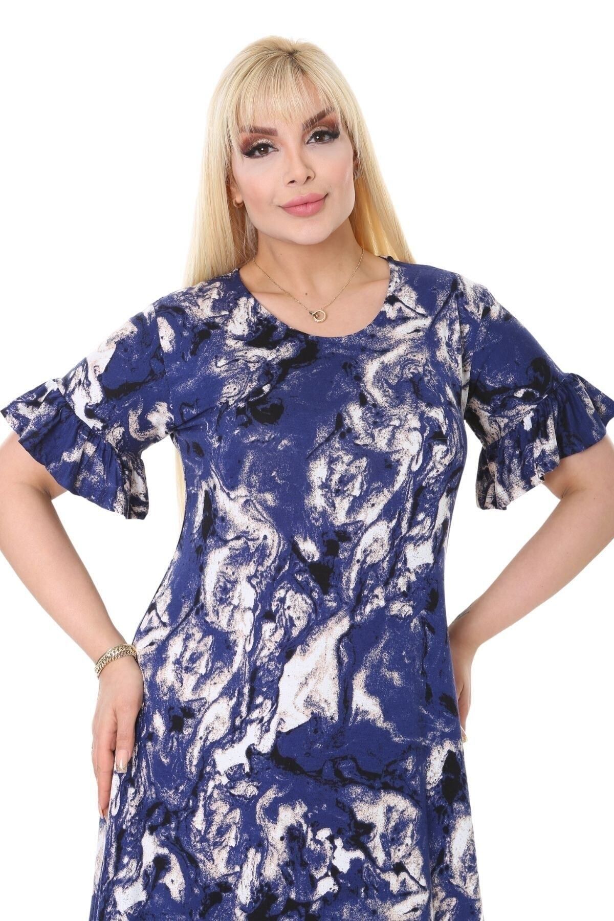 MELSAY-Rochie de damă cu buzunare, albastru, model batik, mărime mare 5