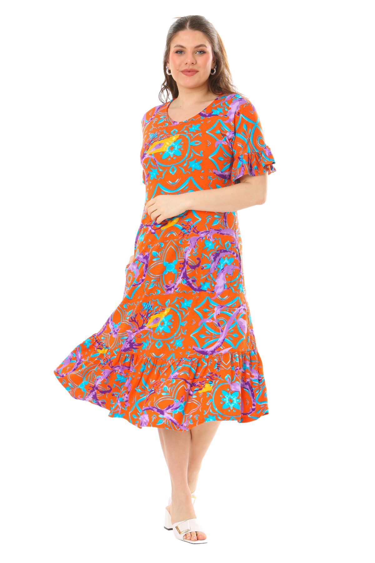 MELSAY-Fustă cu mânecă scurtă de damă cu model retro portocaliu rochie marime mari 4
