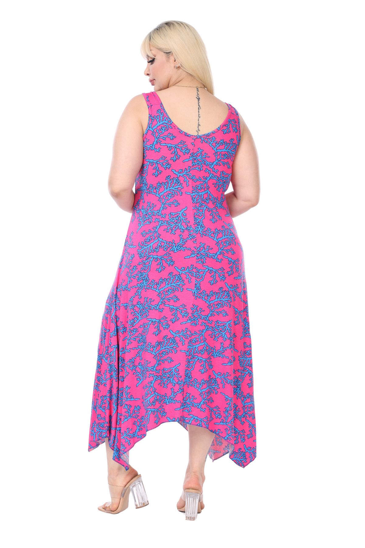 MELSAY-Pink Blue Coral and Buckle Patterned Women's Strap Dress 5