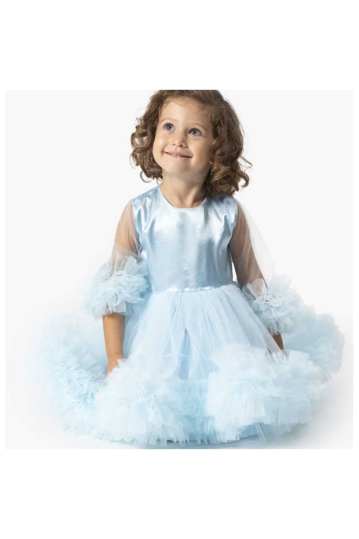 by BebekOdam-Girl's Blue Tulle Ruffled Satin Dress 1