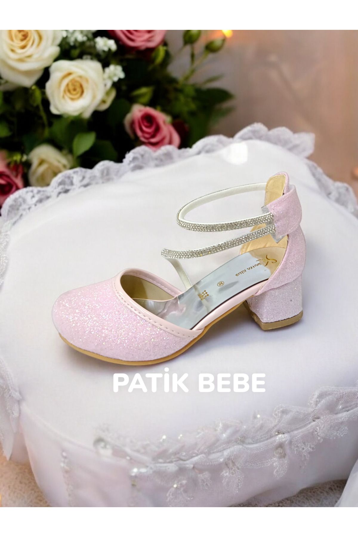 PATİK BEBE-Girl's Pink Color Heeled Stone Adhesive Cirted Evening Shoes 3