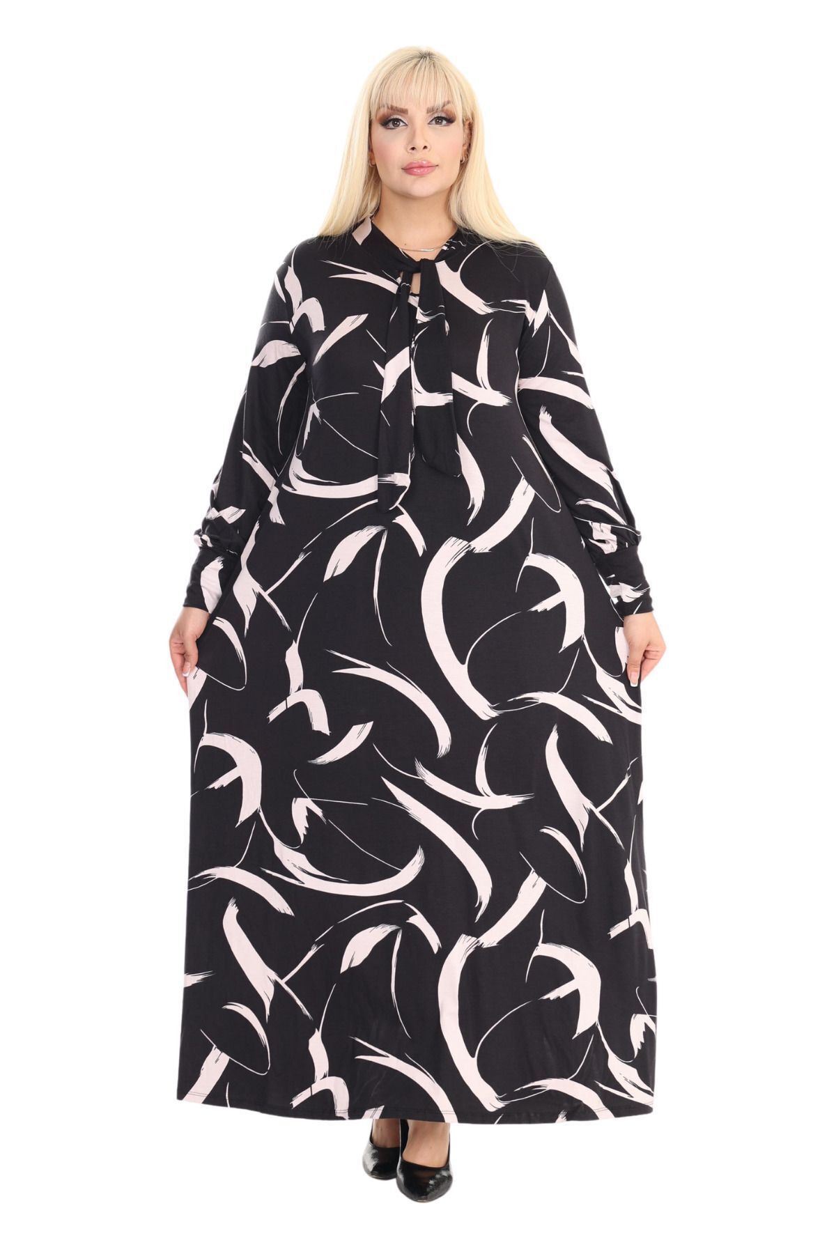 MELSAY-White Feather Patterned Hijab Dress - Long Sleeve and Halter Neck 3