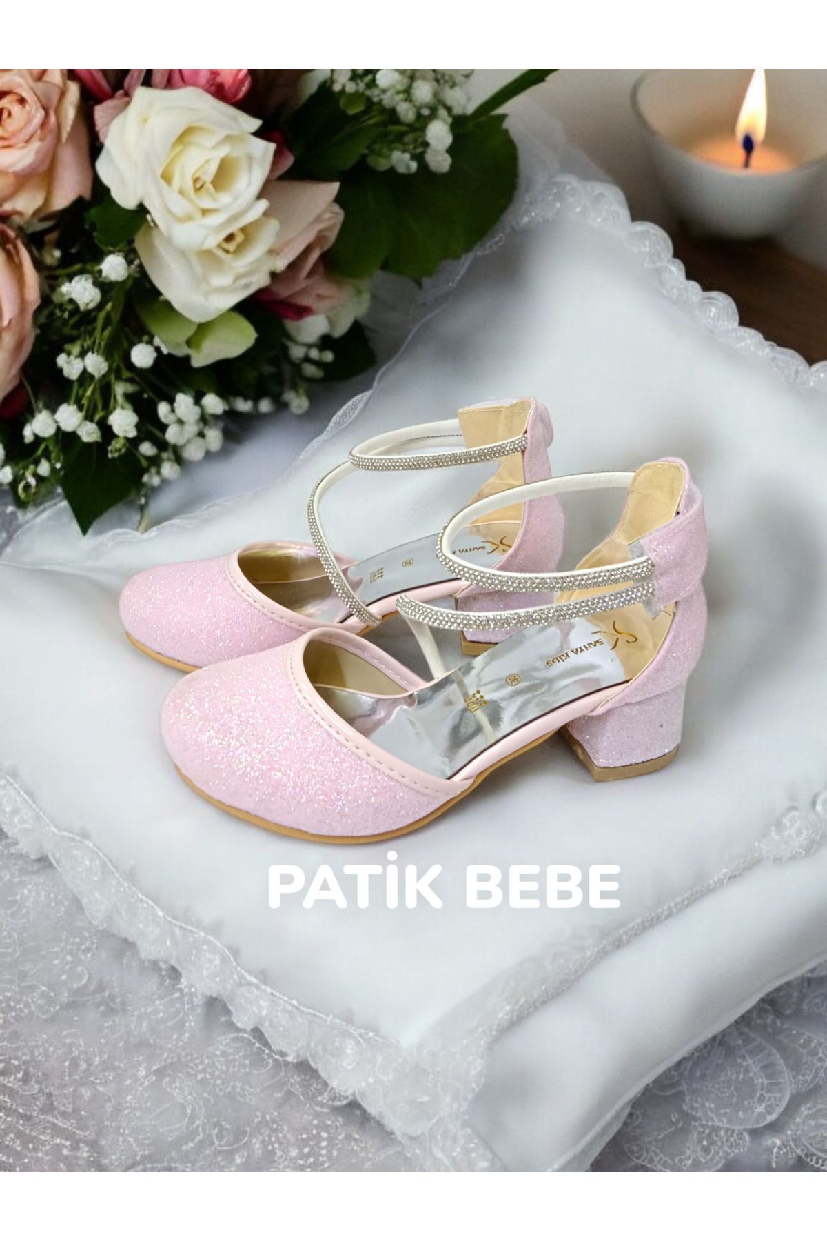 PATİK BEBE-Girl's Pink Color Heeled Stone Adhesive Cirted Evening Shoes 2