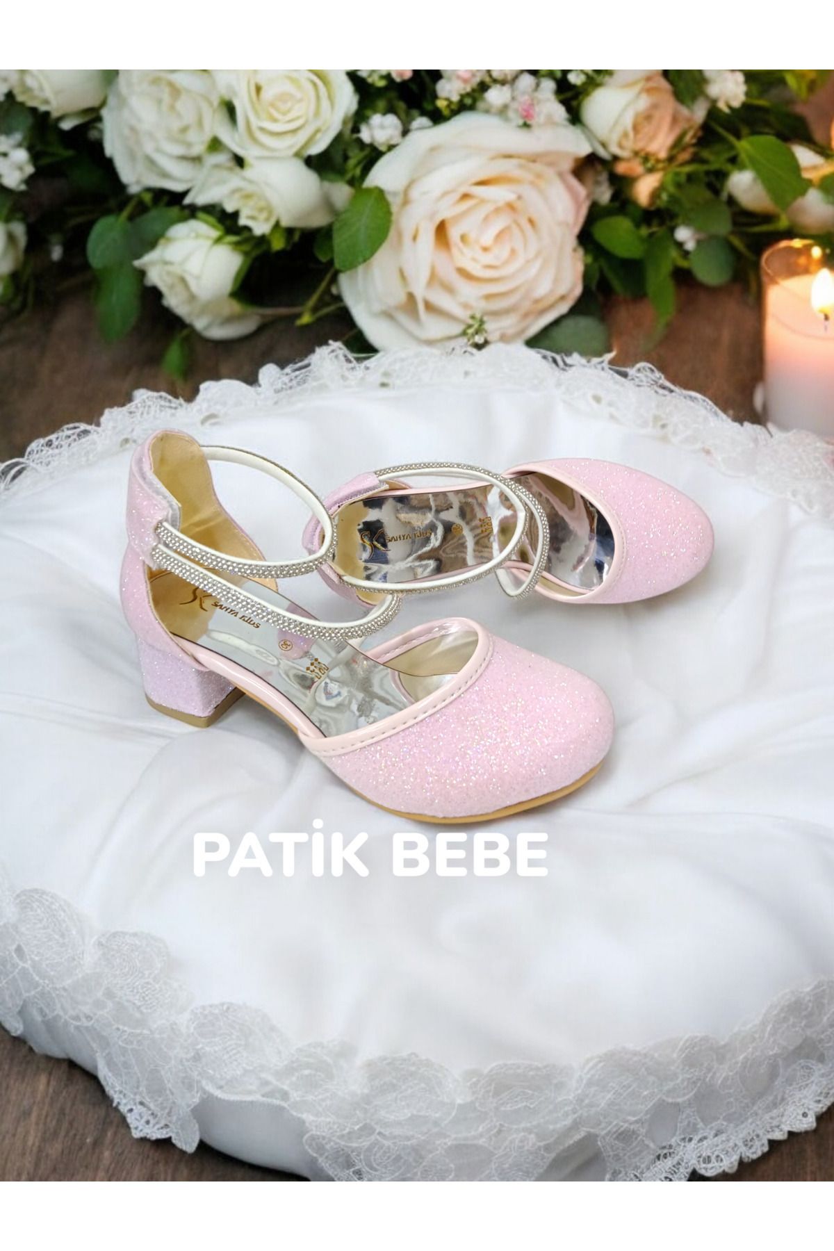 PATİK BEBE-Girl's Pink Color Heeled Stone Adhesive Cirted Evening Shoes 5