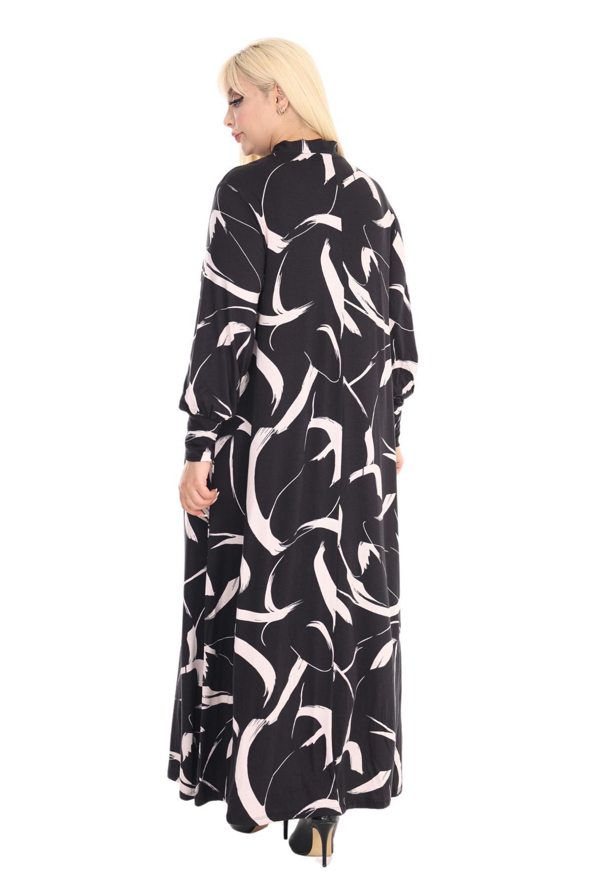 MELSAY-White Feather Patterned Hijab Dress - Long Sleeve and Halter Neck 6