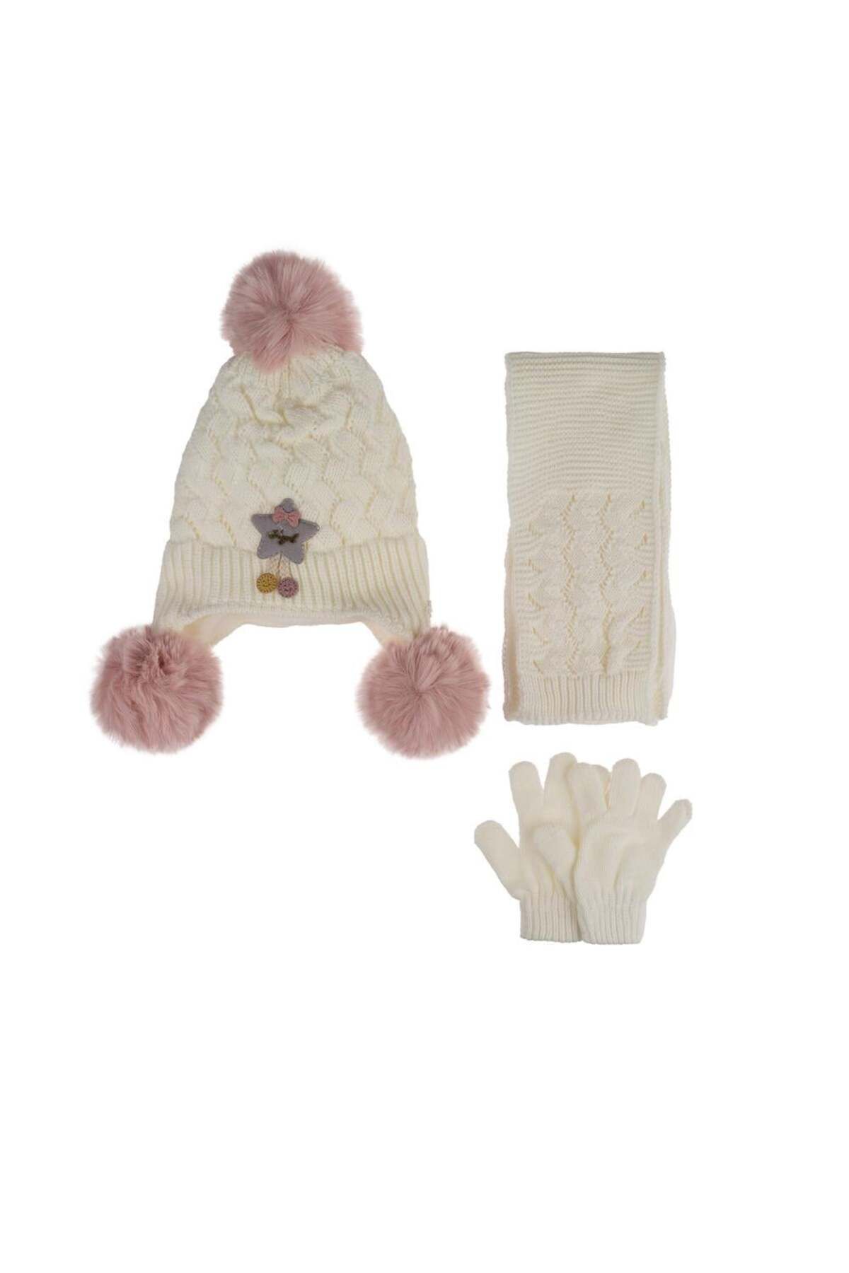 Skygo-1-4 Years Old Baby Girl Set - Kitti Baby Beanie Gloves, K24160-02 Cream 1