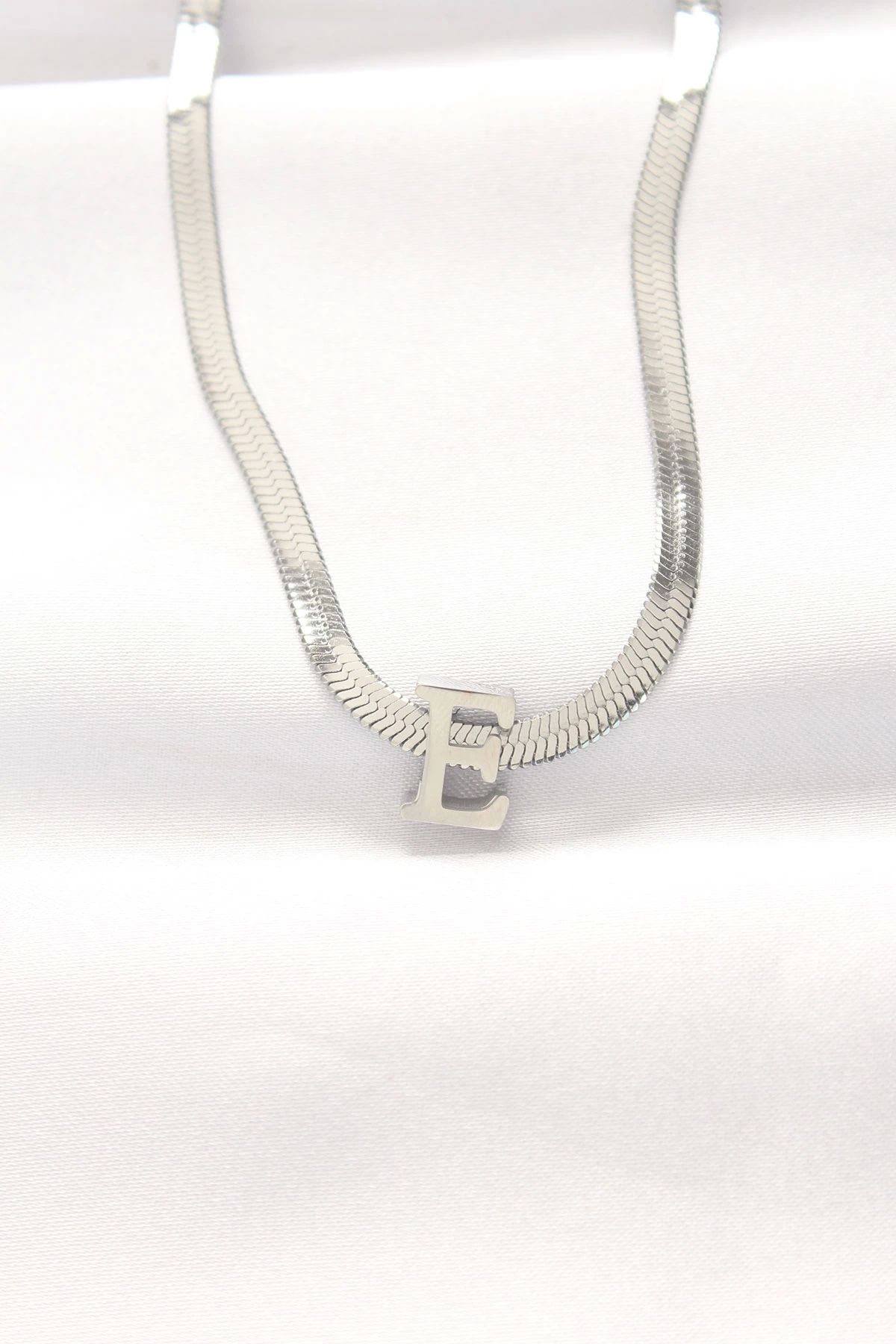 Eng-Silver Colored 316L Steel Letter E Italian Chain Necklace - TJ-BKO8543 1