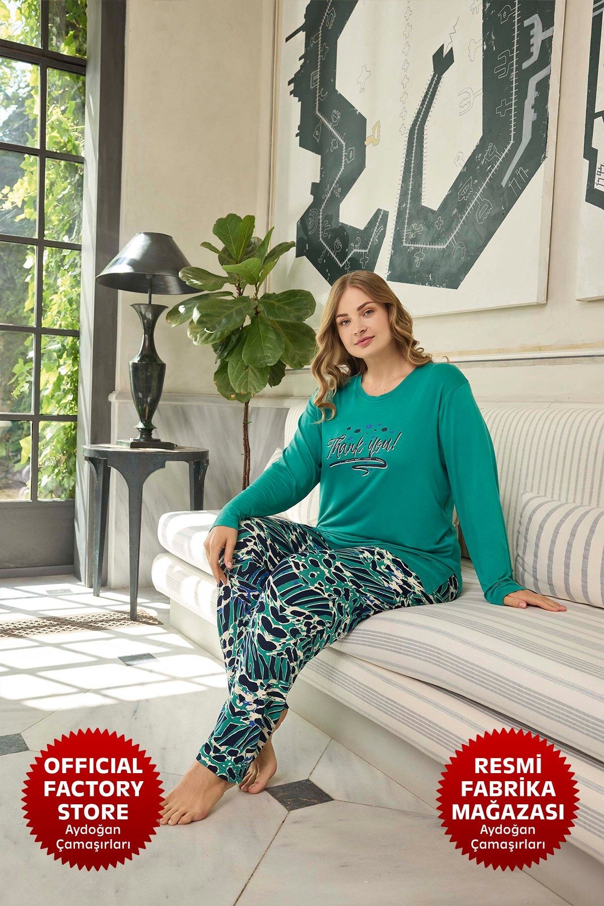 Aydoğan Set Pijamale Verde Din Viscoză - Mărime Mare, Decolteu, Mâneci Lungi - Aydogan Femeie - 2XL