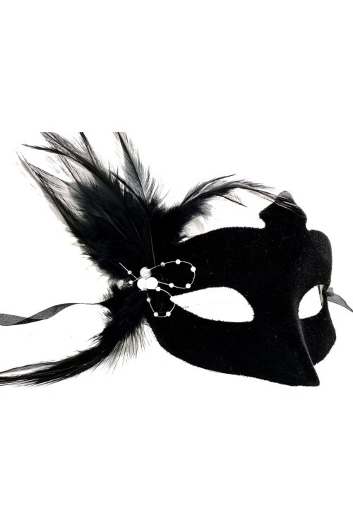 Erbar-Black Suede Feather White Pearl Party Mask 2