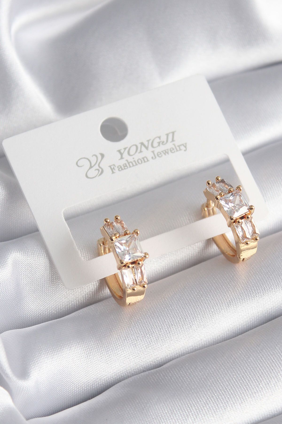 sinerjim-Brass Gold Color Square Zircon Stone Women's Earrings 1