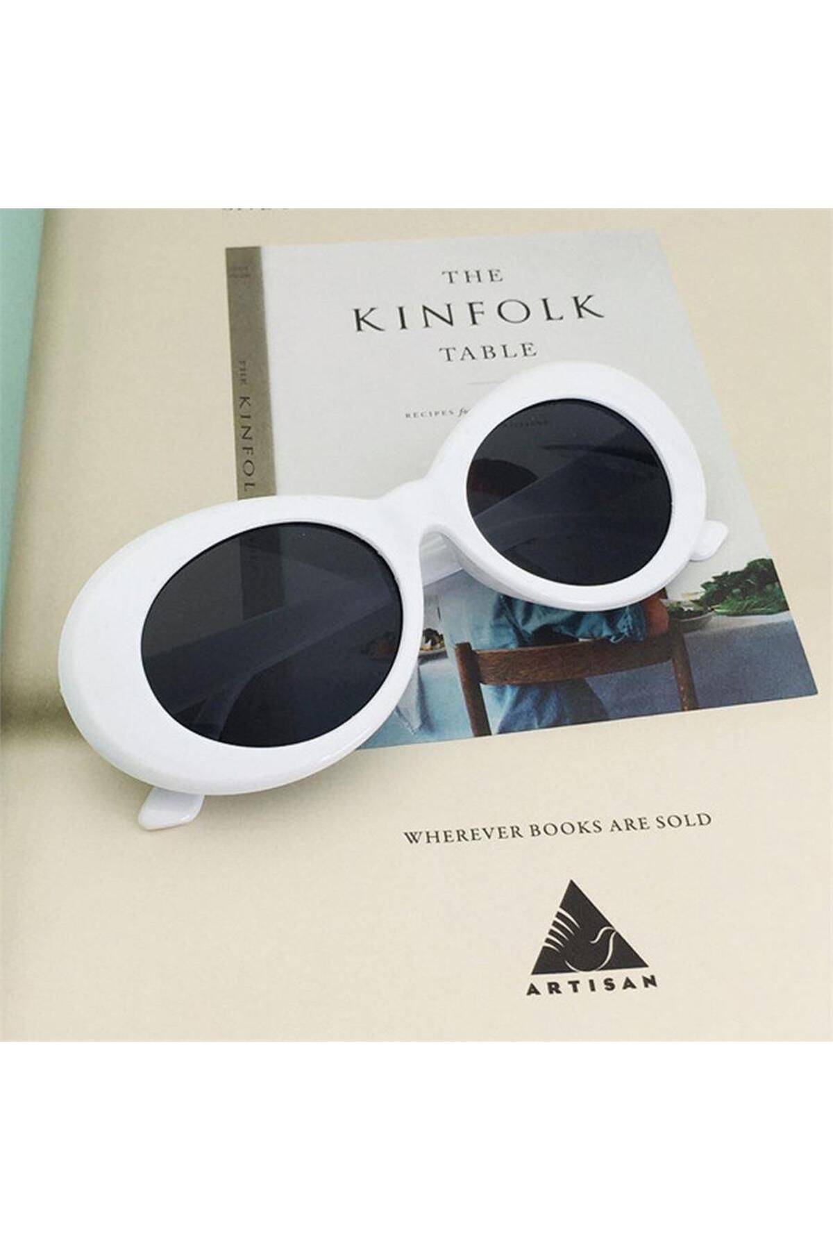 Köstebek-Nirvana Kurt Cobain White Oval Retro Framed Black Glass Retro Sunglasses 2