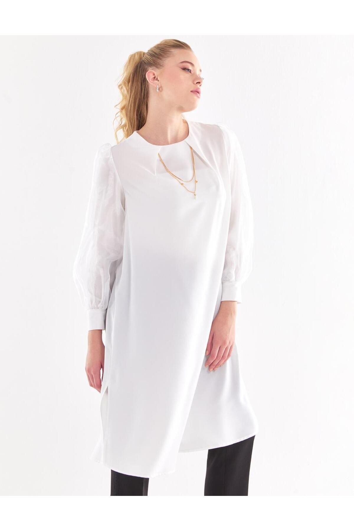 Kayra-Ecru Tunic - Kyr Sleeves Chiffon Covered, Necklace 3