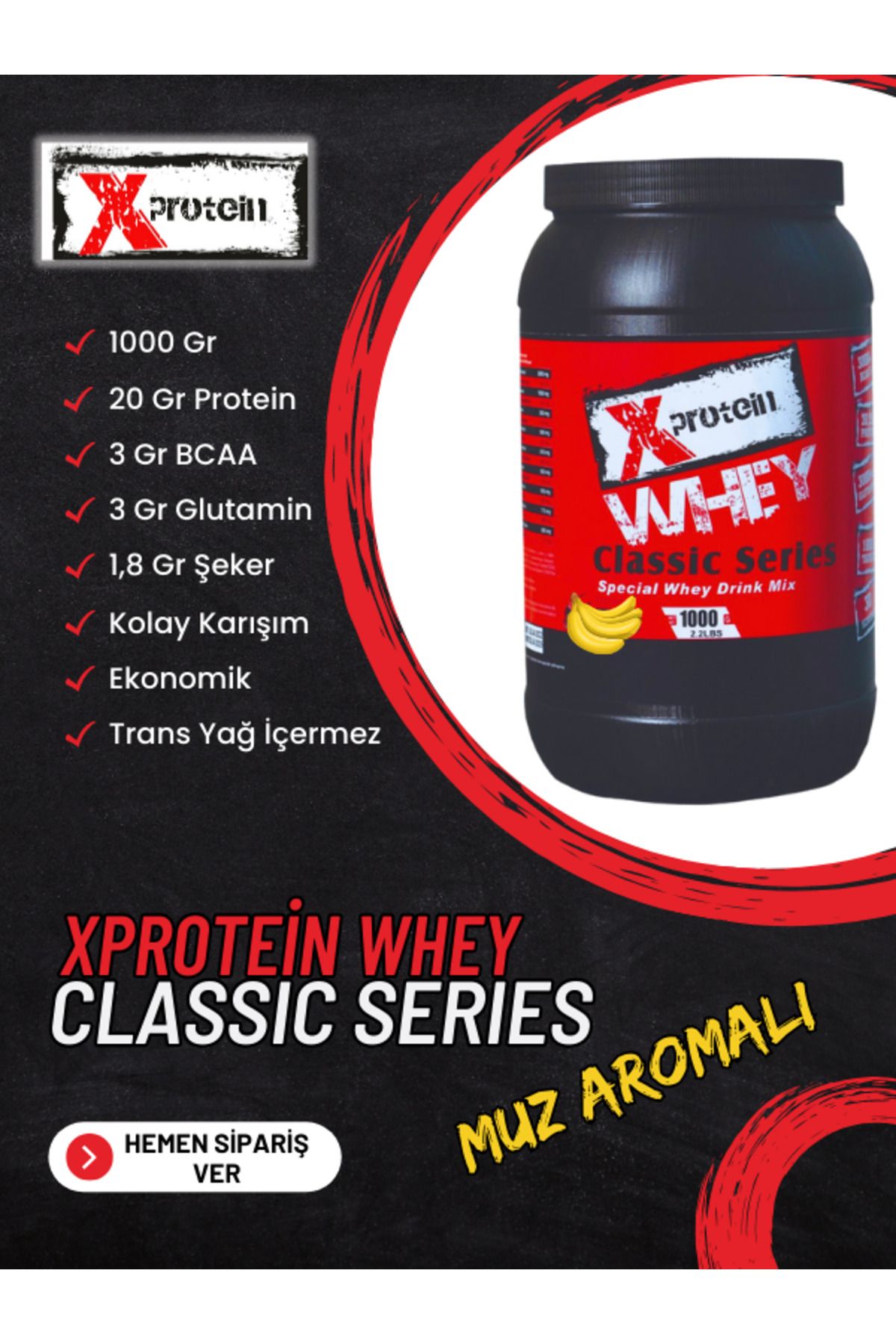 XPROTEİN Xprotein Whey Protein Tozu 1000 Gr Muz Aromalı