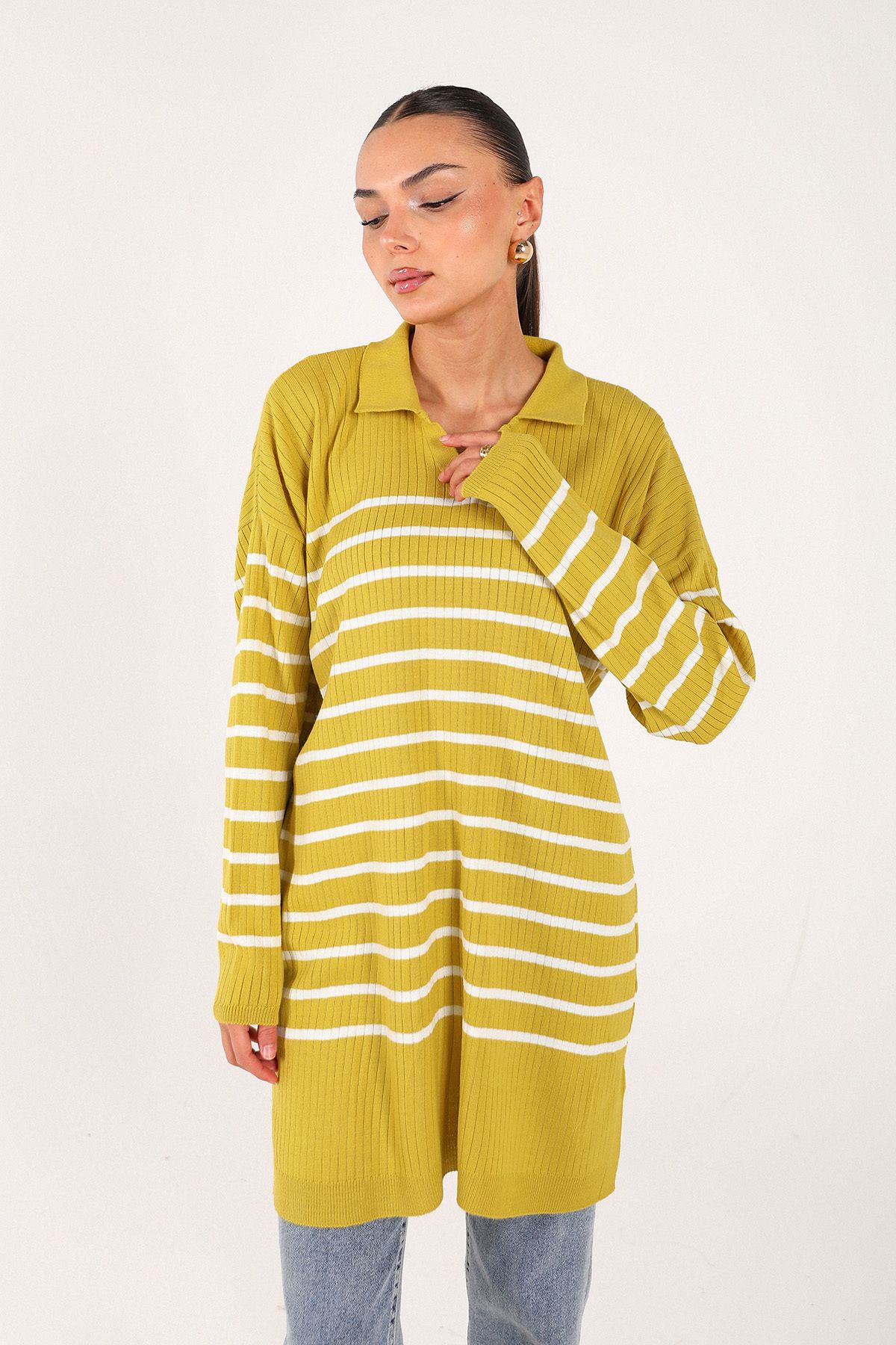 Melike Tatar-Oil Green Striped Knitwear Tunic 70-24325 4