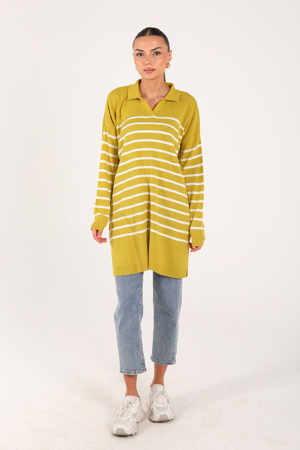 Melike Tatar-Oil Green Striped Knitwear Tunic 70-24325 3