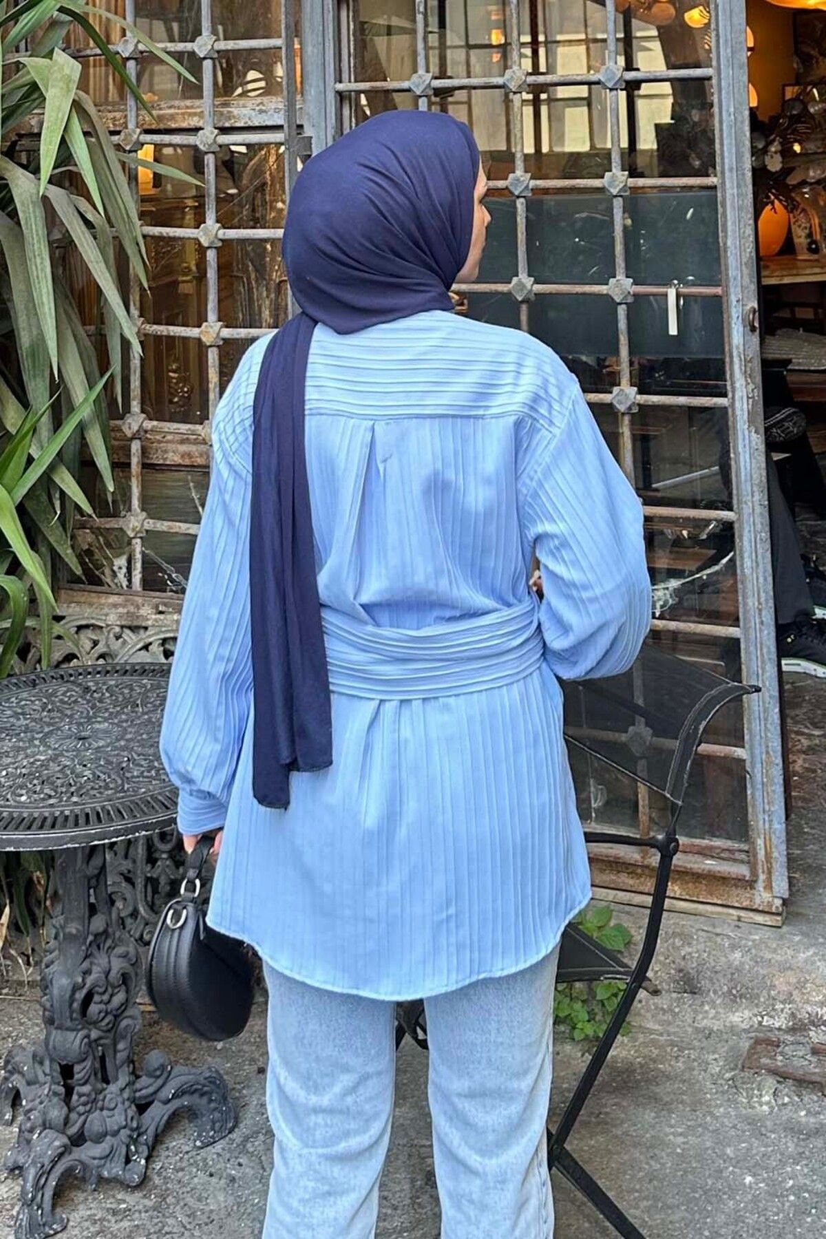 پیراهن پوشیده آبی زنانه تونیک با کمر اورجینال lamelif