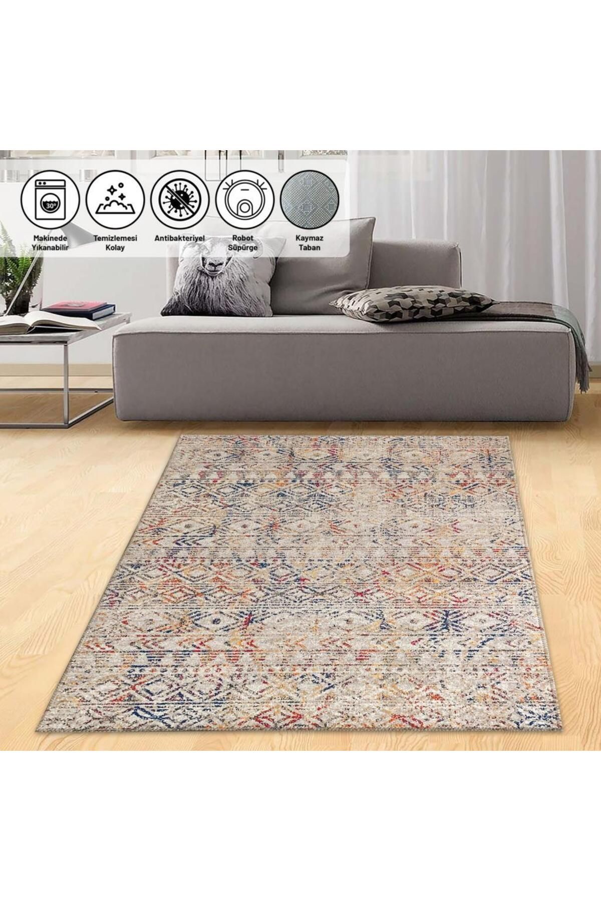 Adalizza Eskitme Kilim Tasarımlı Halı Kaymaz Taban Makinada Yıkanabilir İskandinav tarzı Bej Krem Renkli