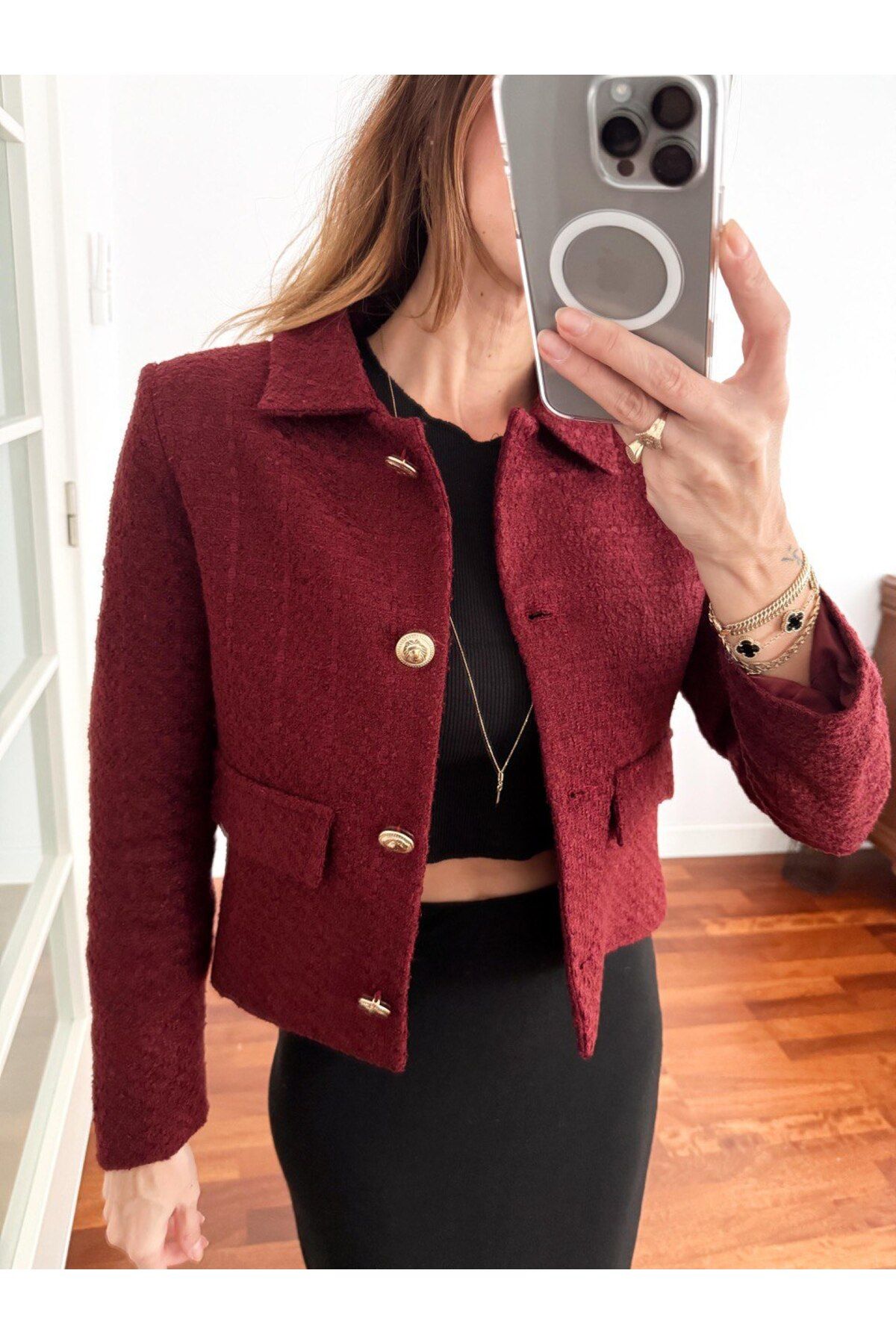 Maldia Shop-Women's Gold Button Blazer Burgundy Tweed Jacket 2