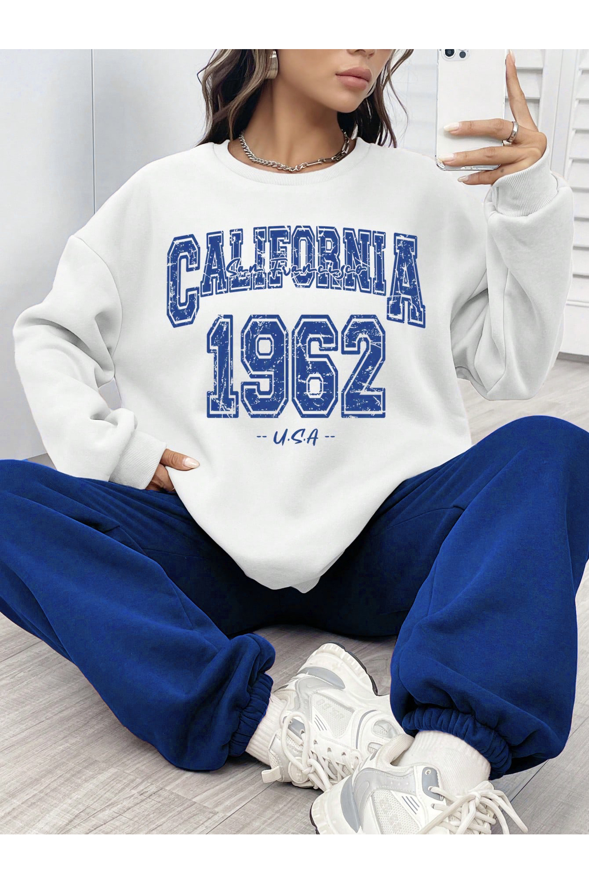 California 1962 Sweatshirt Eşofman Altı Jogger - Beyaz Sax Mavi Baskılı Eşofman Takımı Bisiklet Yaka — رنگارنگ CLF1962TKM-CA