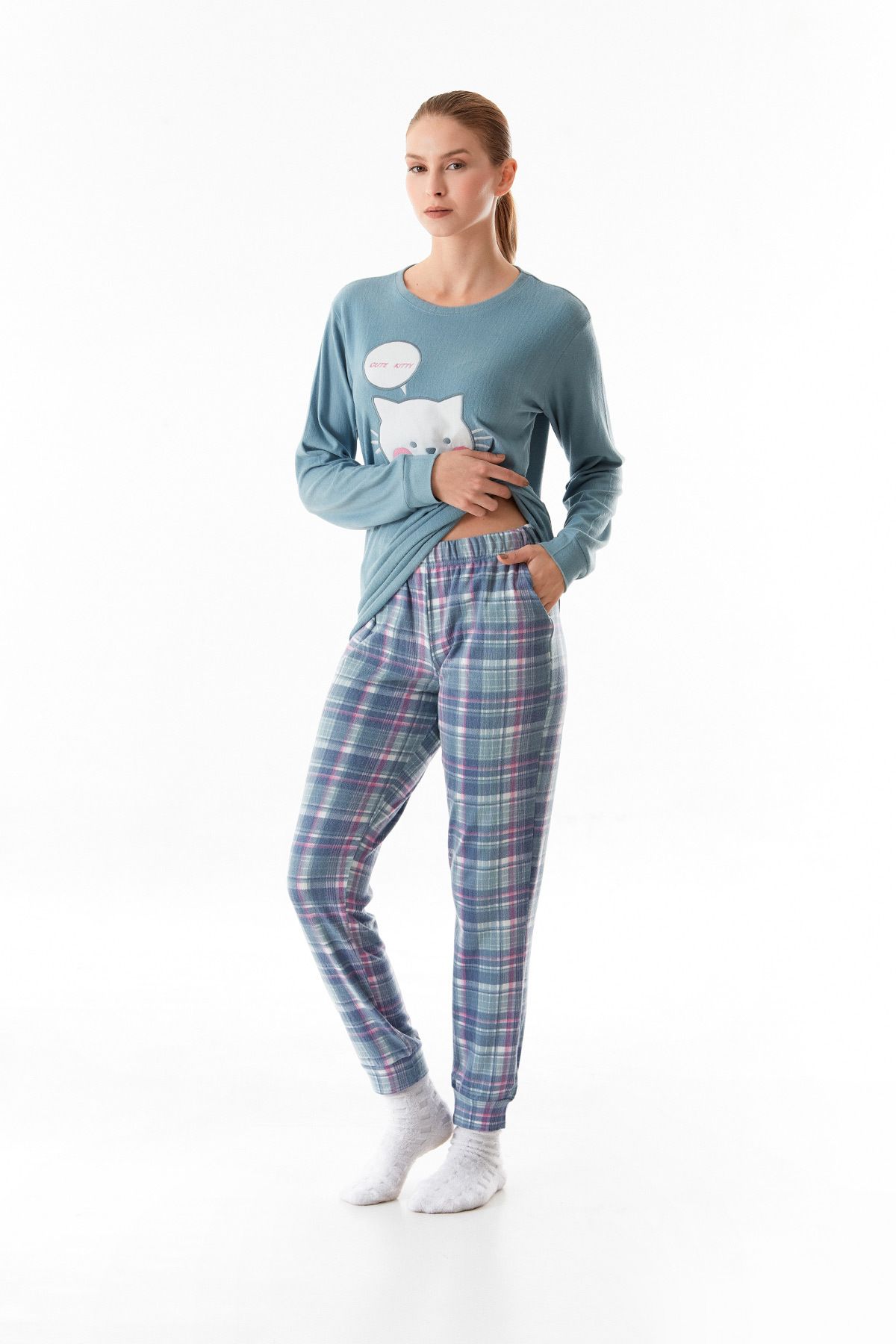 Fulla Moda-Set de pijamale din 2 piese cu gâtul rotund brodat cu pisici 6