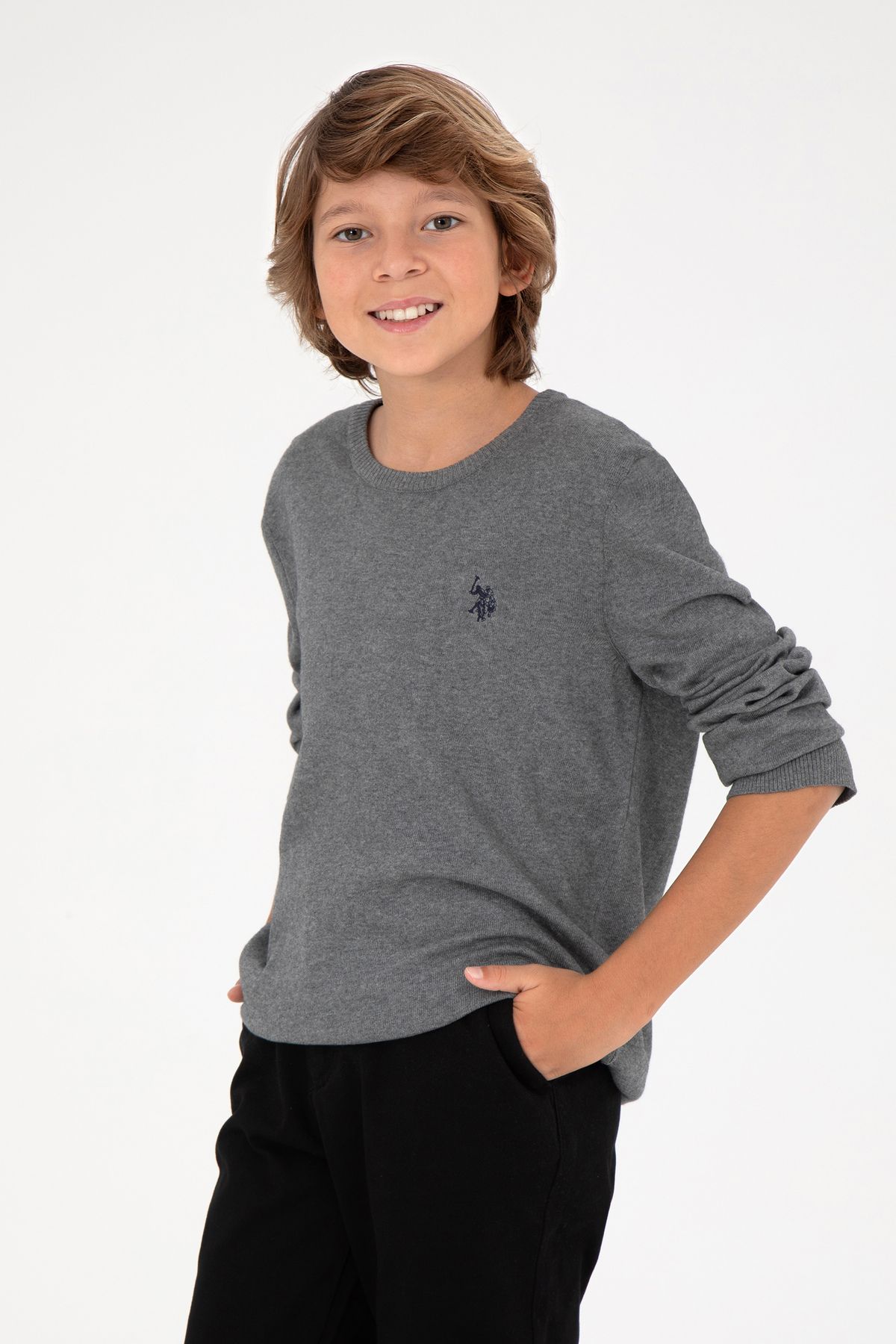 U.S. Polo Assn.-Boy's Gray Melange Basic Crew Neck Sweater 50294188 -Vr086 1