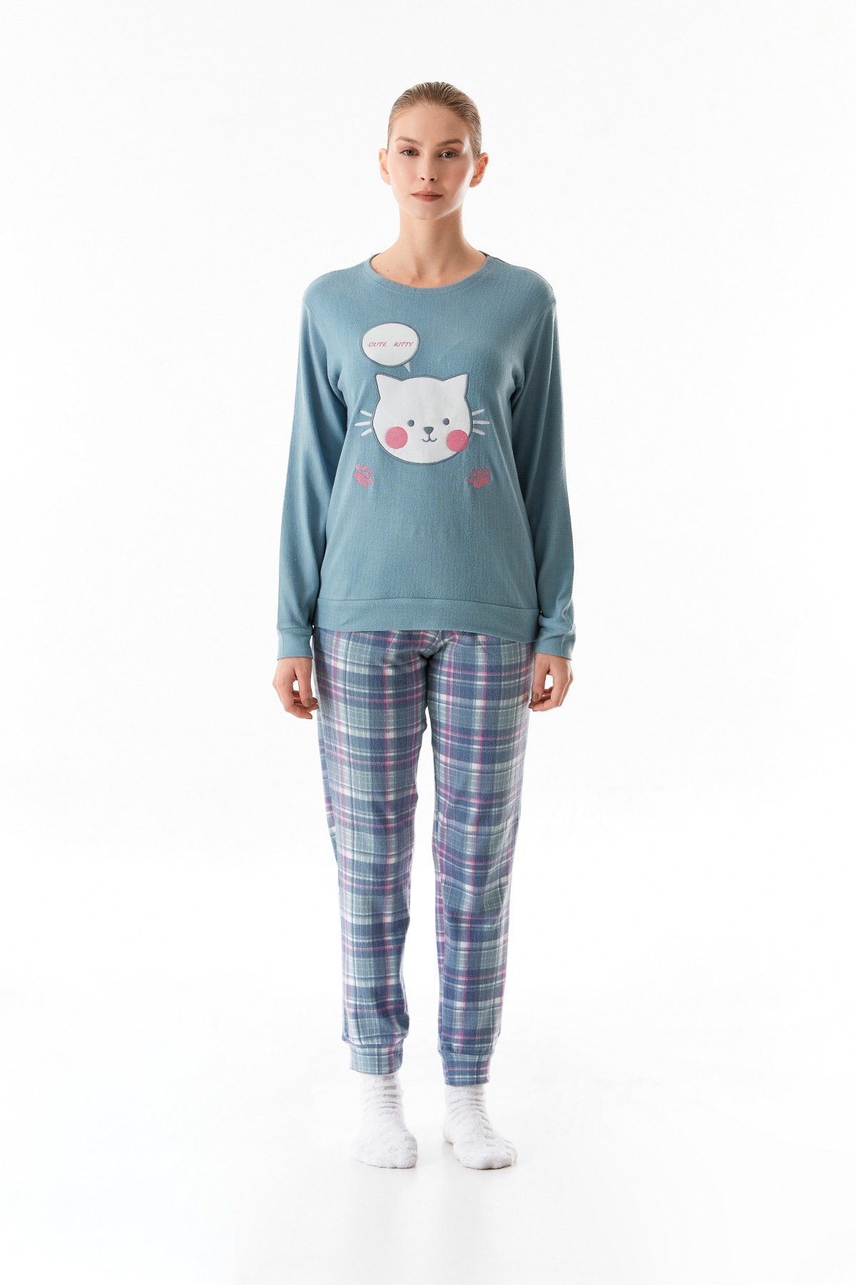 Fulla Moda-Set de pijamale din 2 piese cu gâtul rotund brodat cu pisici 8