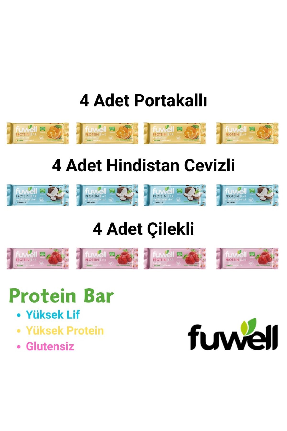 Fuwell 12'li Protein Bar(4 Adet Portakallı+4 Adet Hindistan Cevizli+4 Adet Çilekli)