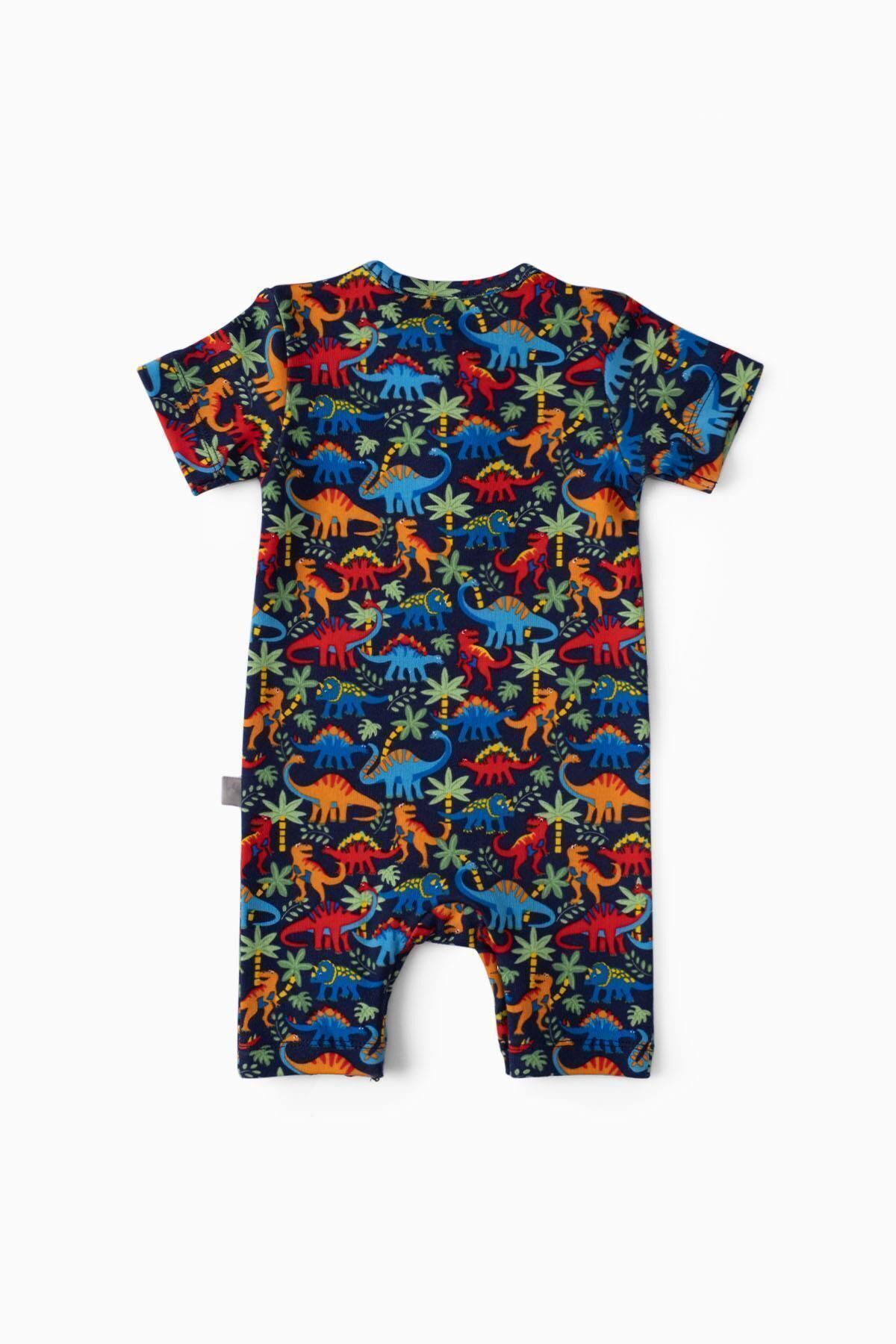 Boumini-Navy Blue Dinosaur Patterned Short Sleeve Baby Shorts Romper 2