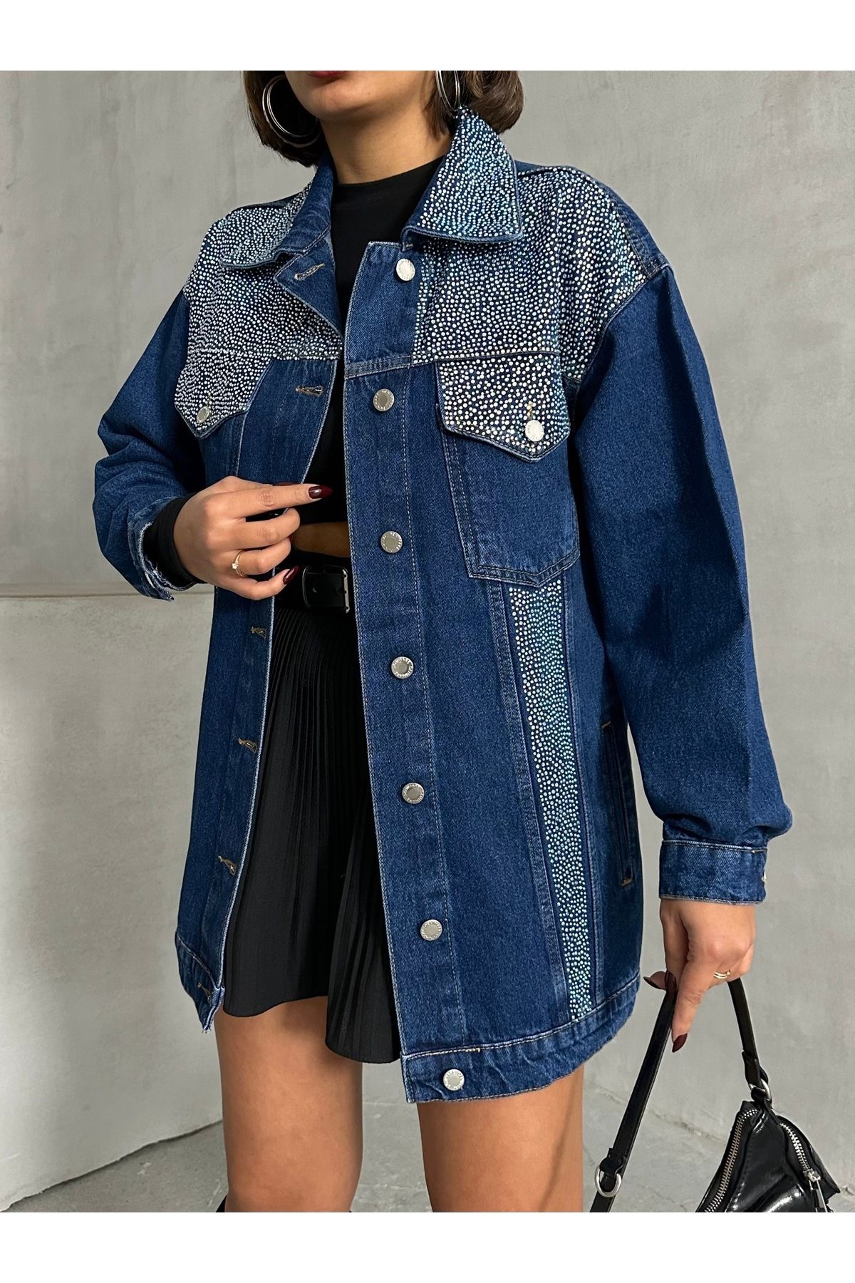 Miss Prova-Navy Blue Stone Oversize Denim Jacket Missce00544 7