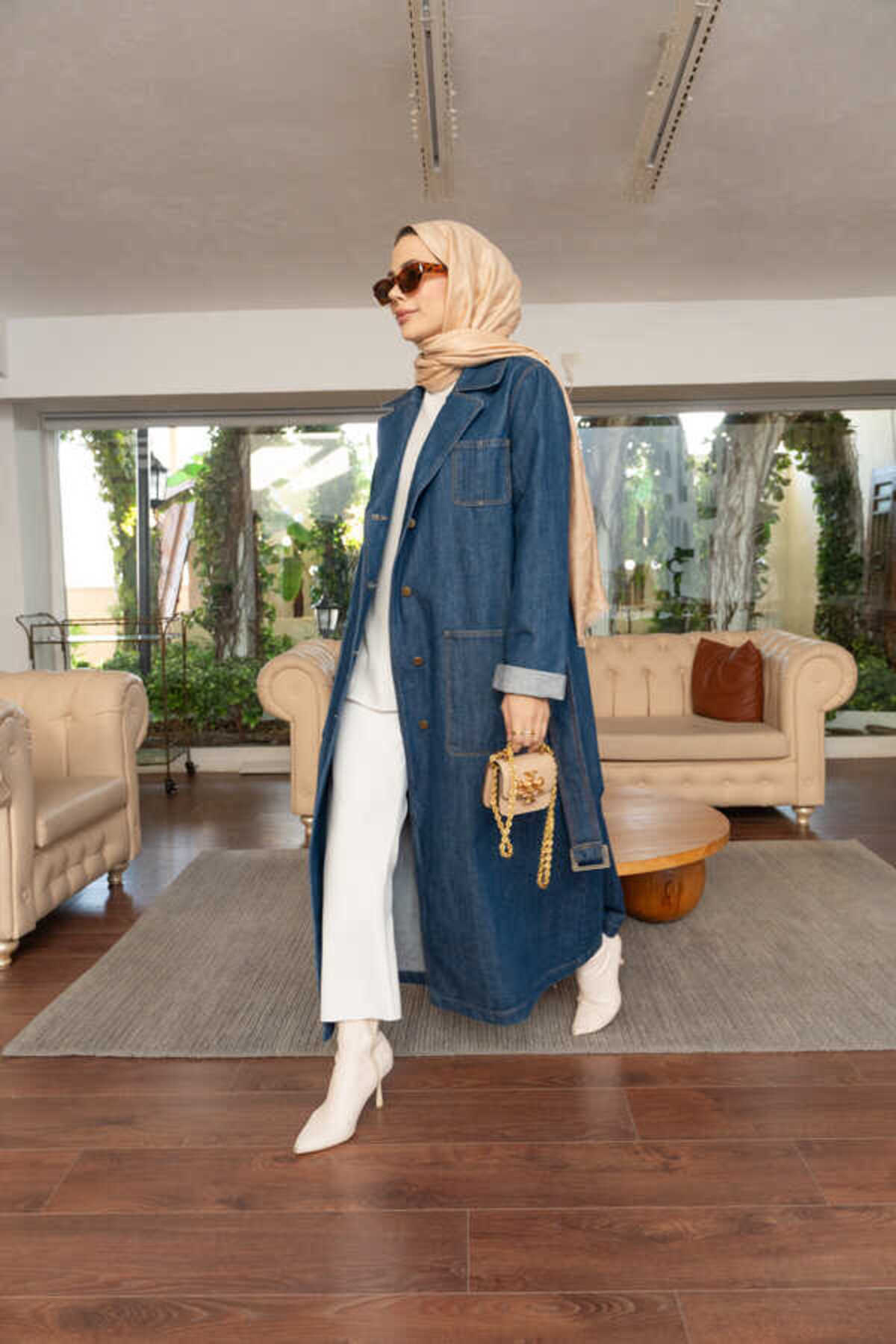 Neways  6655-Kuşaklı Denim Ceket Koyu Mavi - Görsel 4