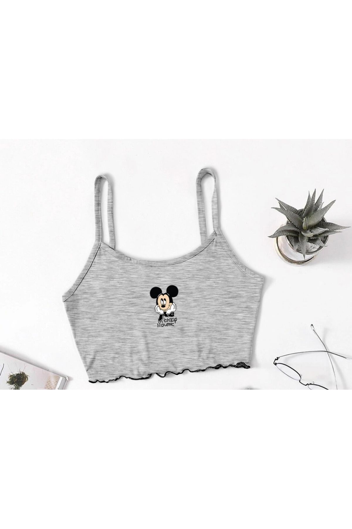 PEMBİŞ HOMEWEAR Gri Crop Baskılı Atlet Mickey