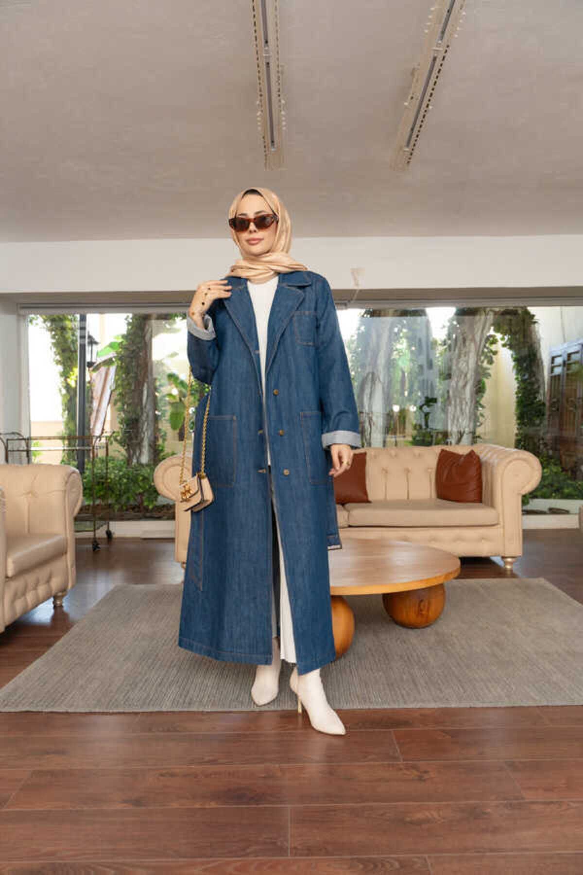 Neways  6655-Kuşaklı Denim Ceket Koyu Mavi - Görsel 10