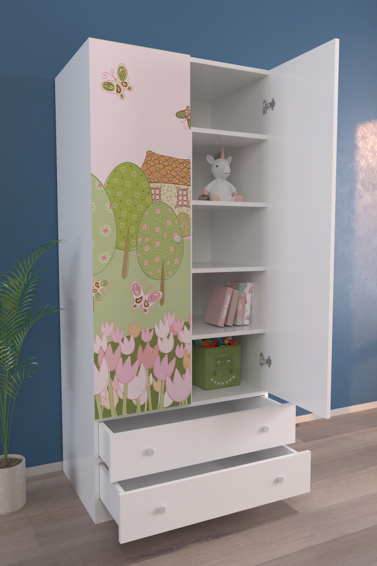 Hediyeler Kapında Çocuk Odası 2 Kapaklı Wonder Land Gardırop 5 Raflı 2 Çekmeceli Askılı Elbise Dolabı fotoğrafı 3 (önizleme)