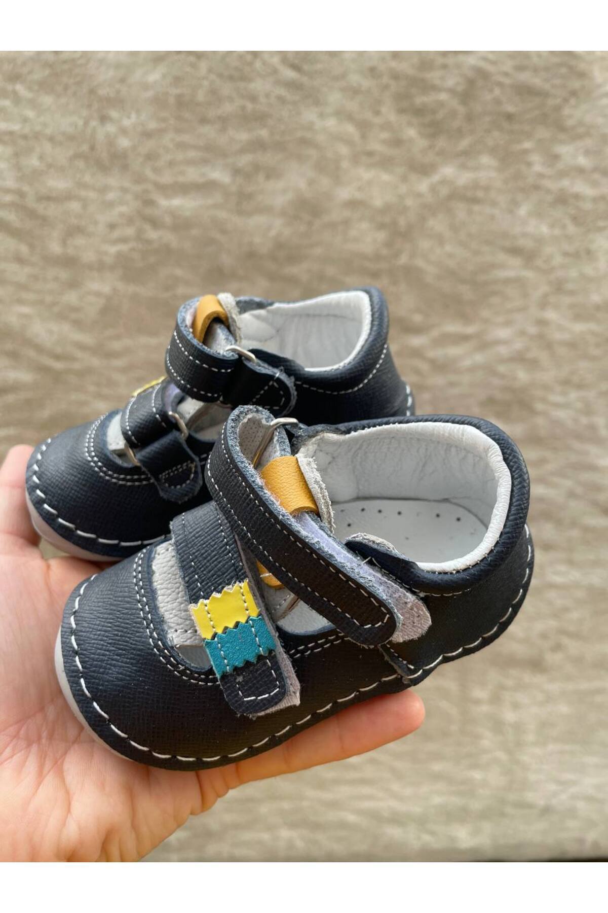 Sare Çocuk Giyim-Baby Boy Navy Blue Genuine Leather Comfortable Orthopedic Sandals First Step Shoes 5