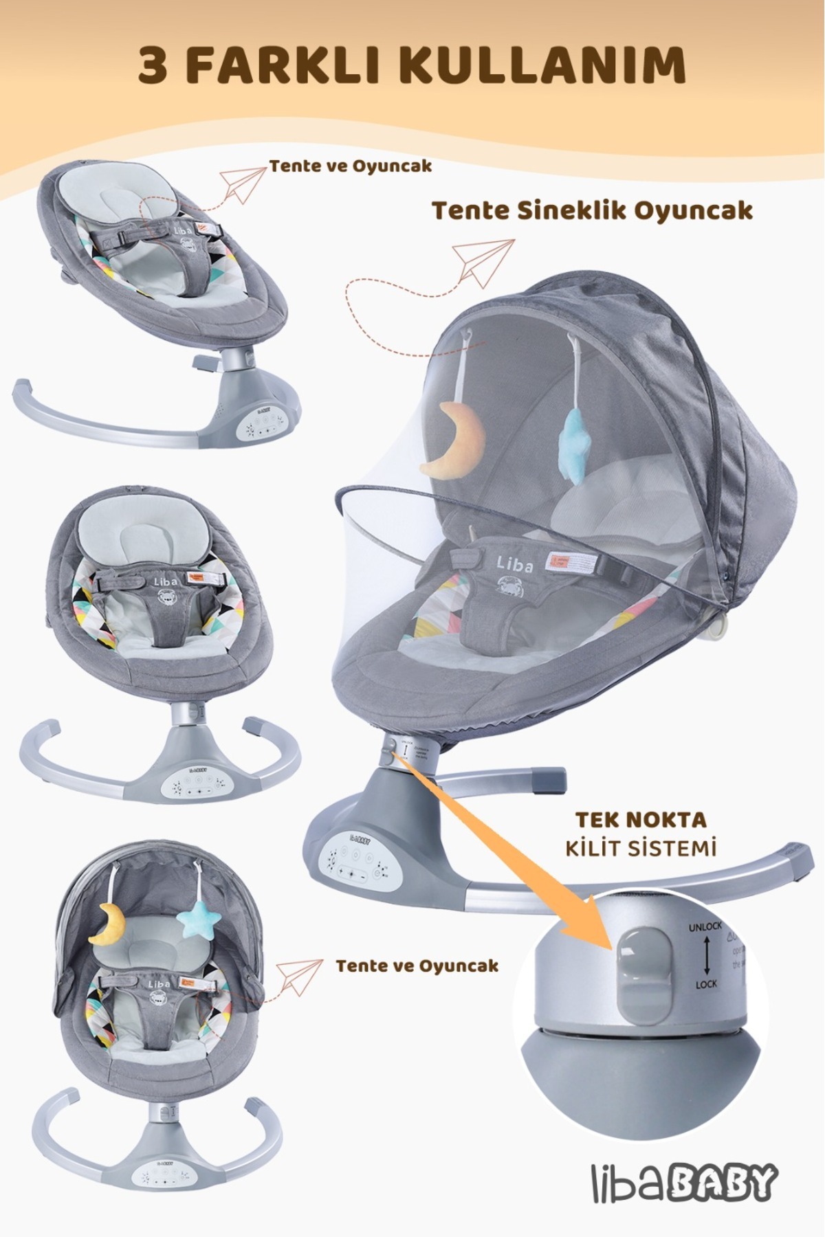 libaBABY KOALA Elite Elektrikli Bebek Ana Kucağı Bluetoothlu Otomatik Sallanan Müzikli Kumandalı Anakucağı fotoğrafı 5 (önizleme)