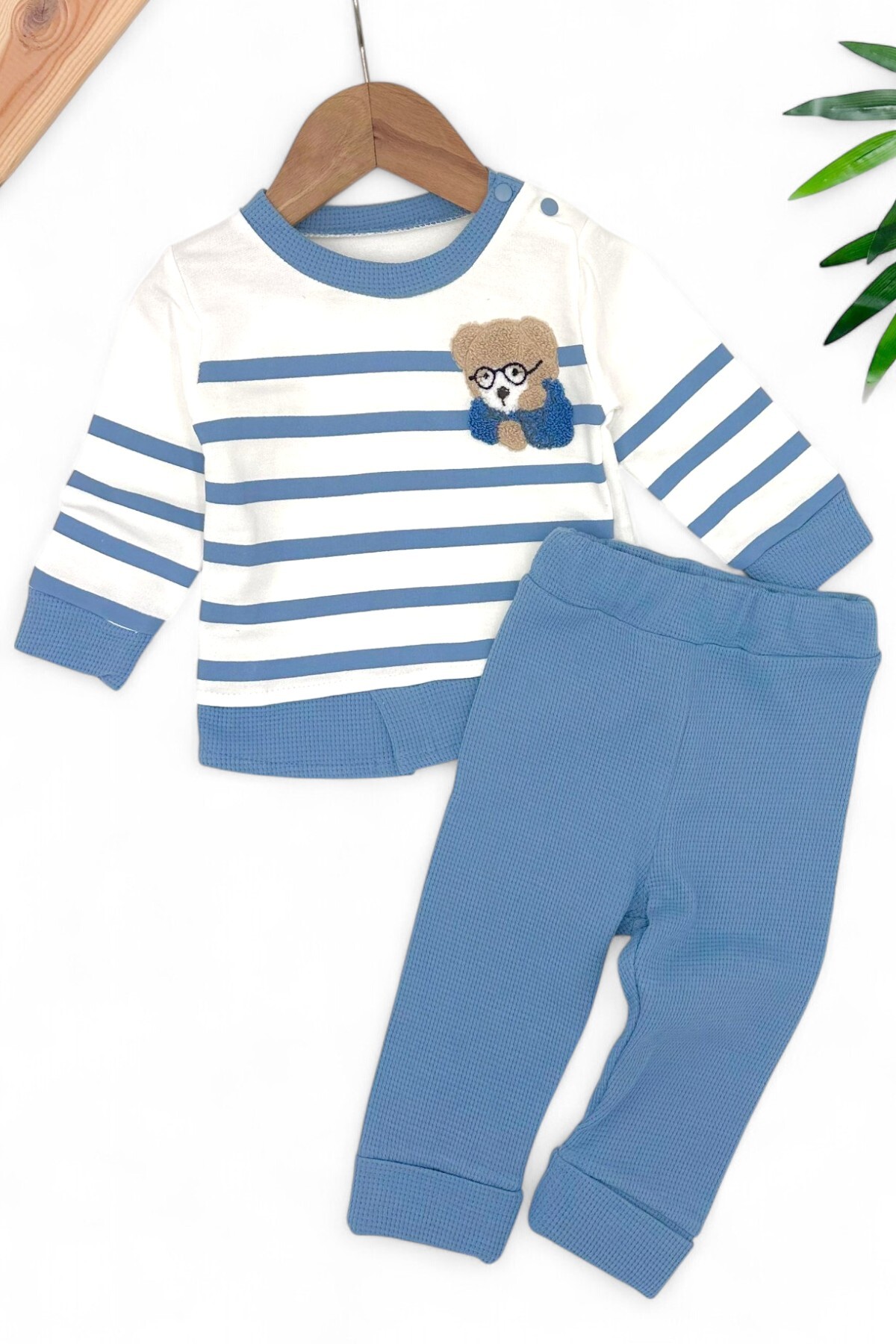 voyyo kids baby Erkek Bebek Mevsimlik Takımı Ayıcık Nakışlı Uzun Kollu Bisiklet Yaka Çizgili Sahte Gömlekli Takım fotoğrafı 3 (önizleme)