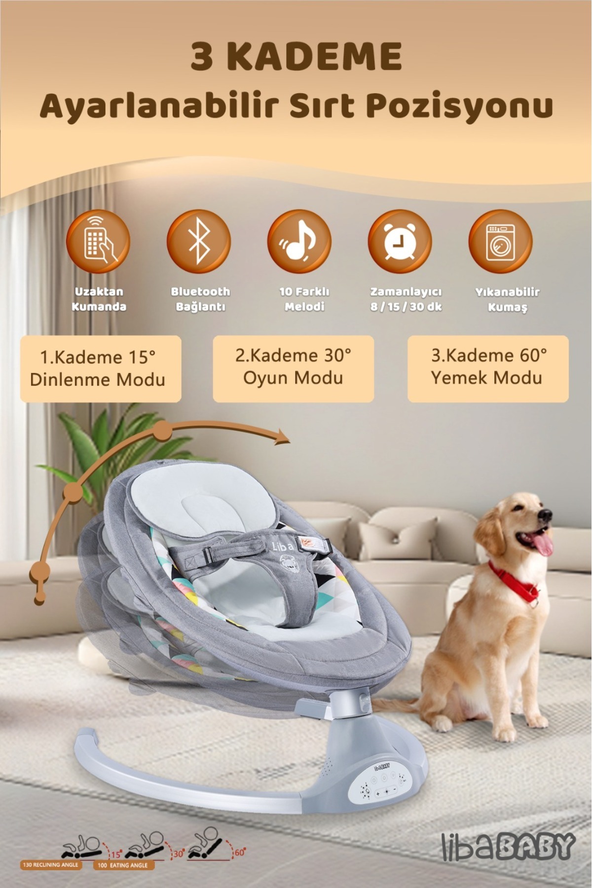 libaBABY KOALA Elite Elektrikli Bebek Ana Kucağı Bluetoothlu Otomatik Sallanan Müzikli Kumandalı Anakucağı fotoğrafı 4 (önizleme)
