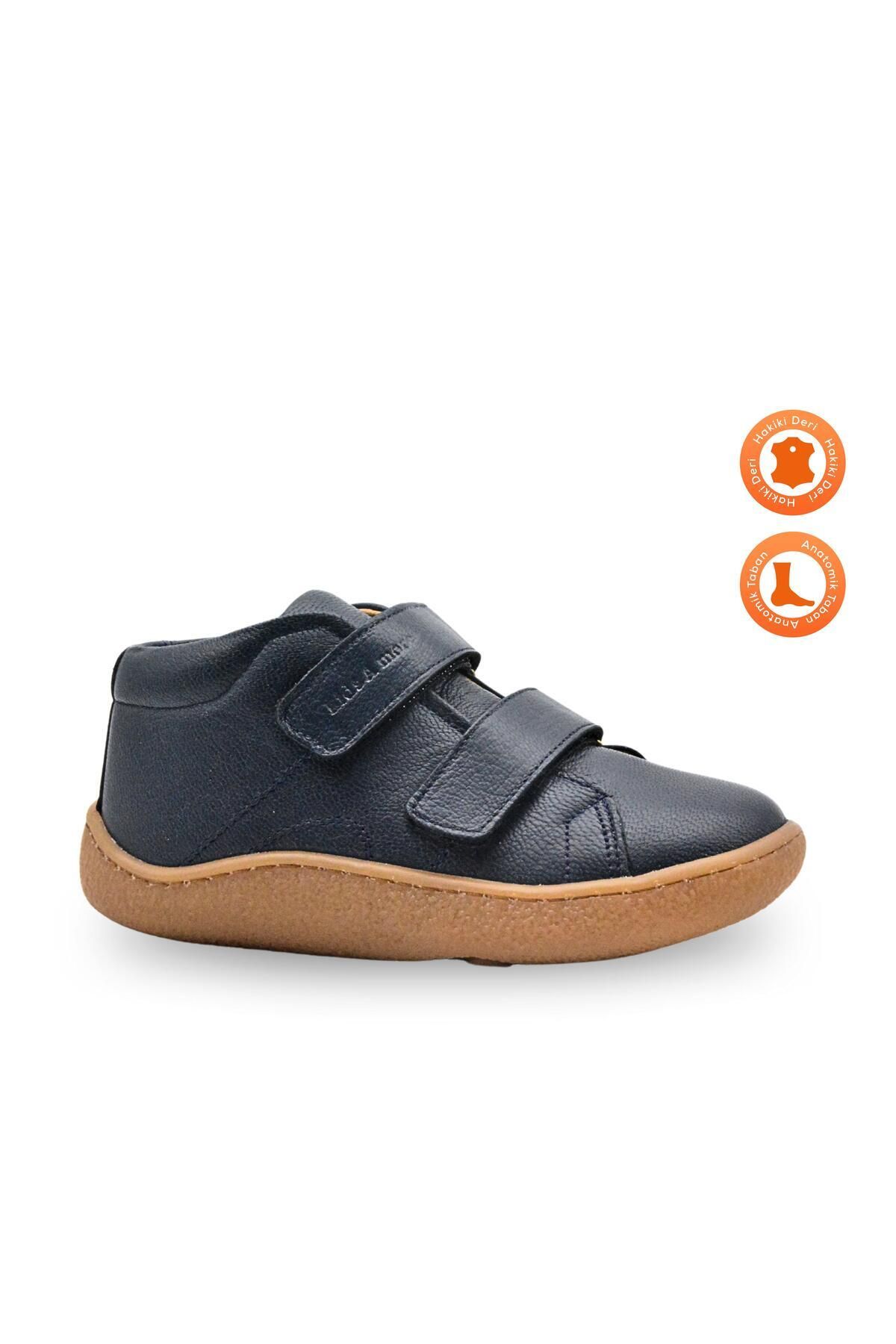 kids A more-Boys' Anatomical Sole Genuine Leather Barefoot Boots - Double Velcro, Navy Blue 1