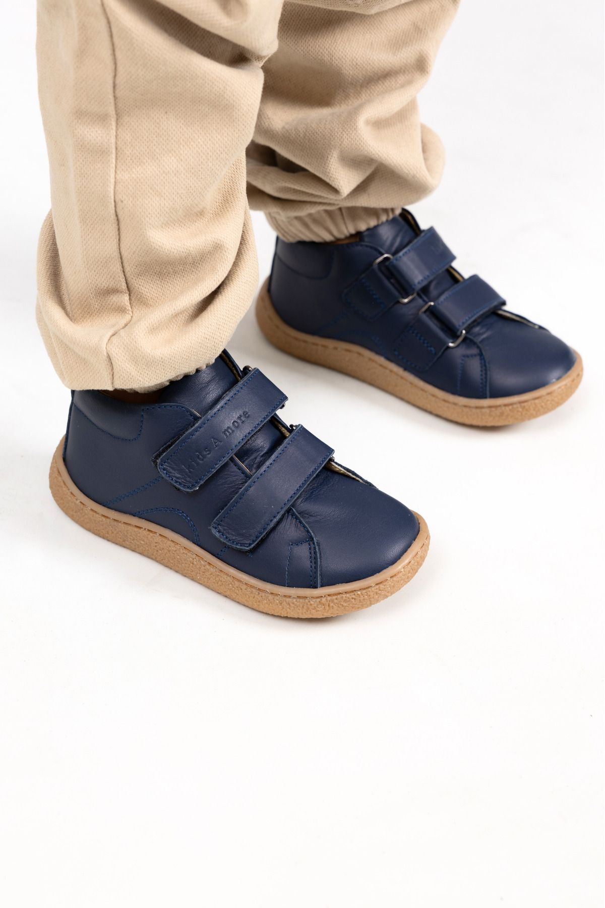 kids A more-Boys' Anatomical Sole Genuine Leather Barefoot Boots - Double Velcro, Navy Blue 2