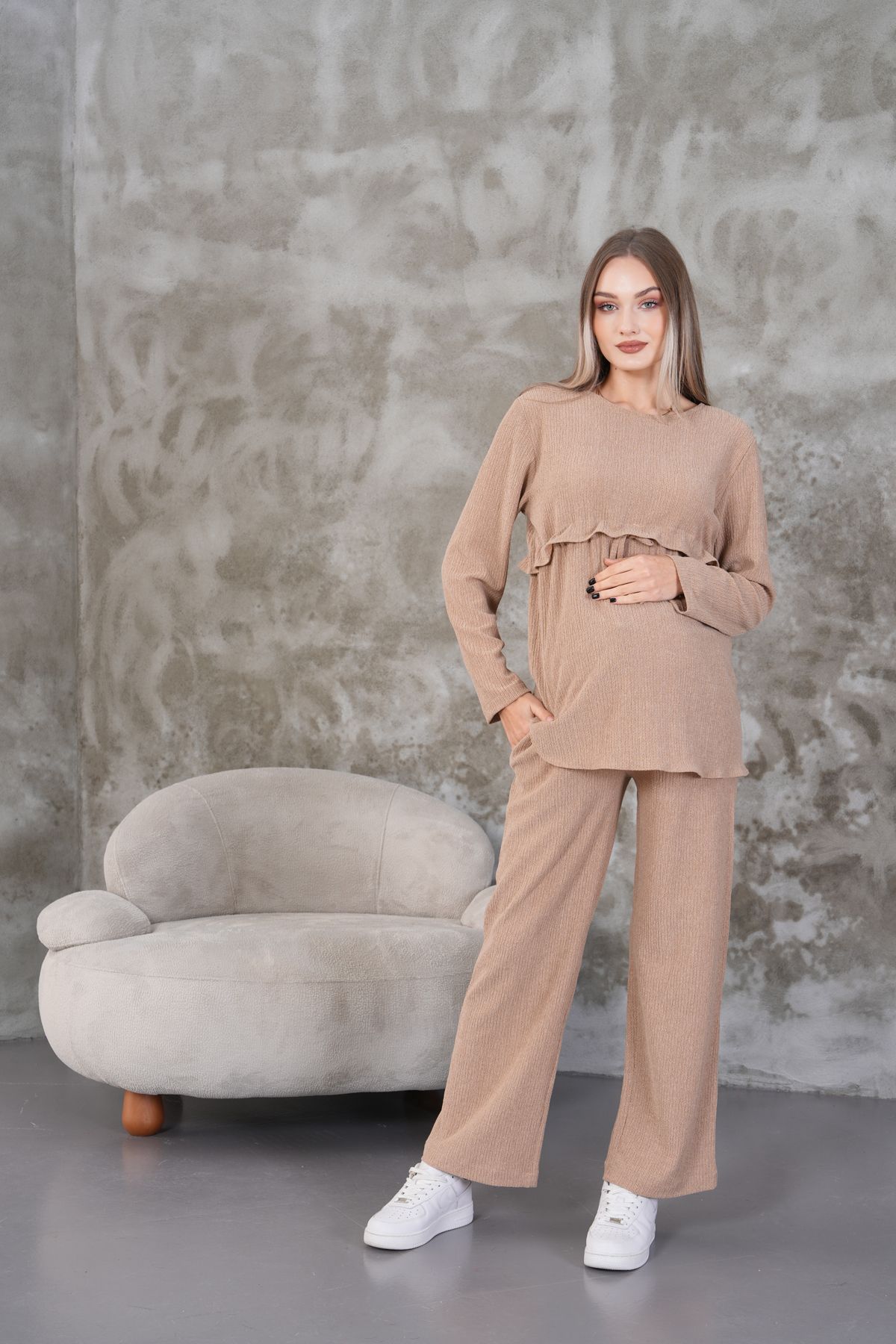Miss Dünya Lissa-Ruffle Detailed Winter Wrapped Cloth Pocket Maternity and Maternity Top Tunic Set 3