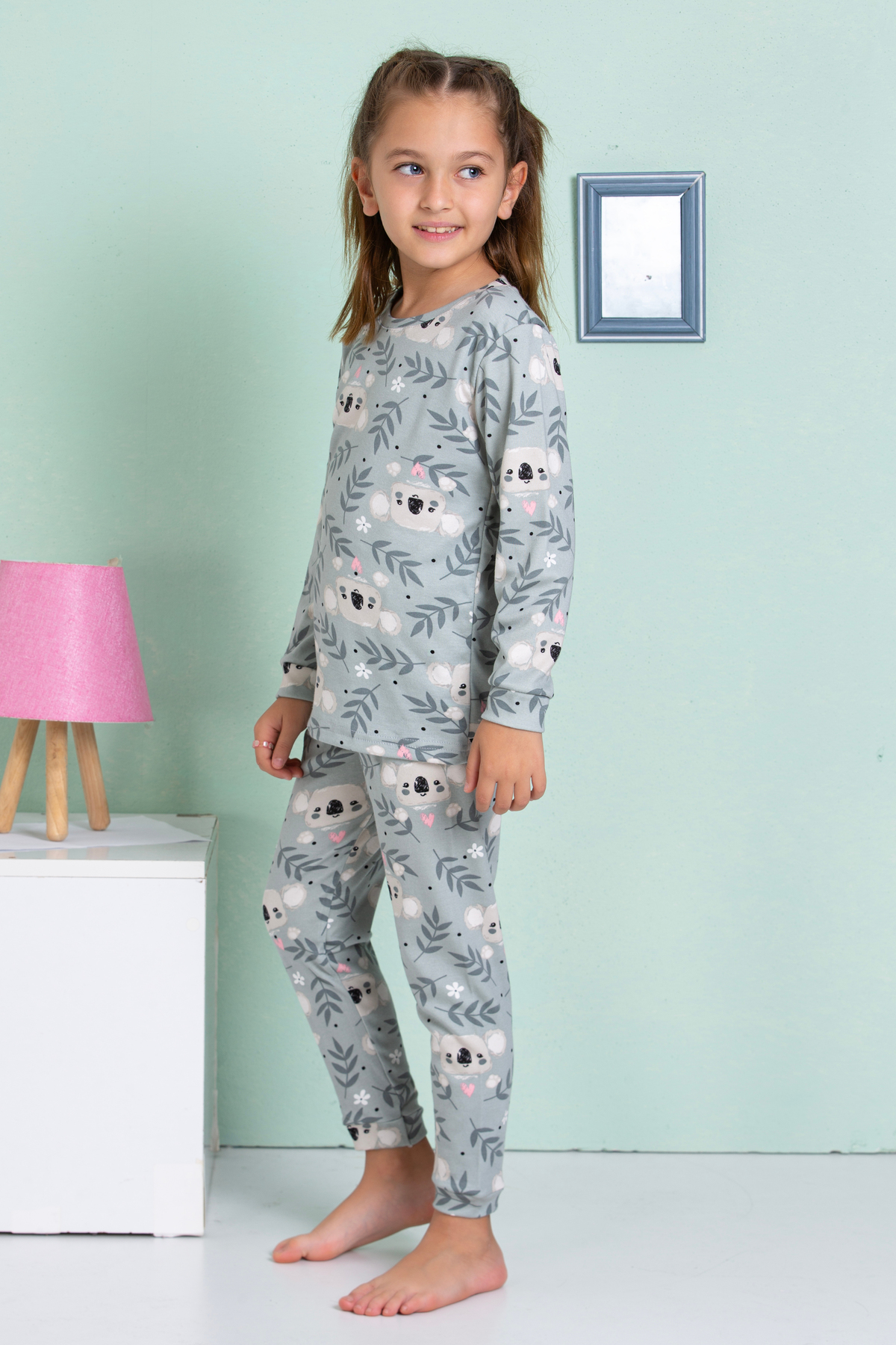 elmas kids Kız Çocuk ve Bebek Sevimli Koala Desenli Gri %100 Pamuklu Pijama Takımı fotoğrafı 6 (önizleme)