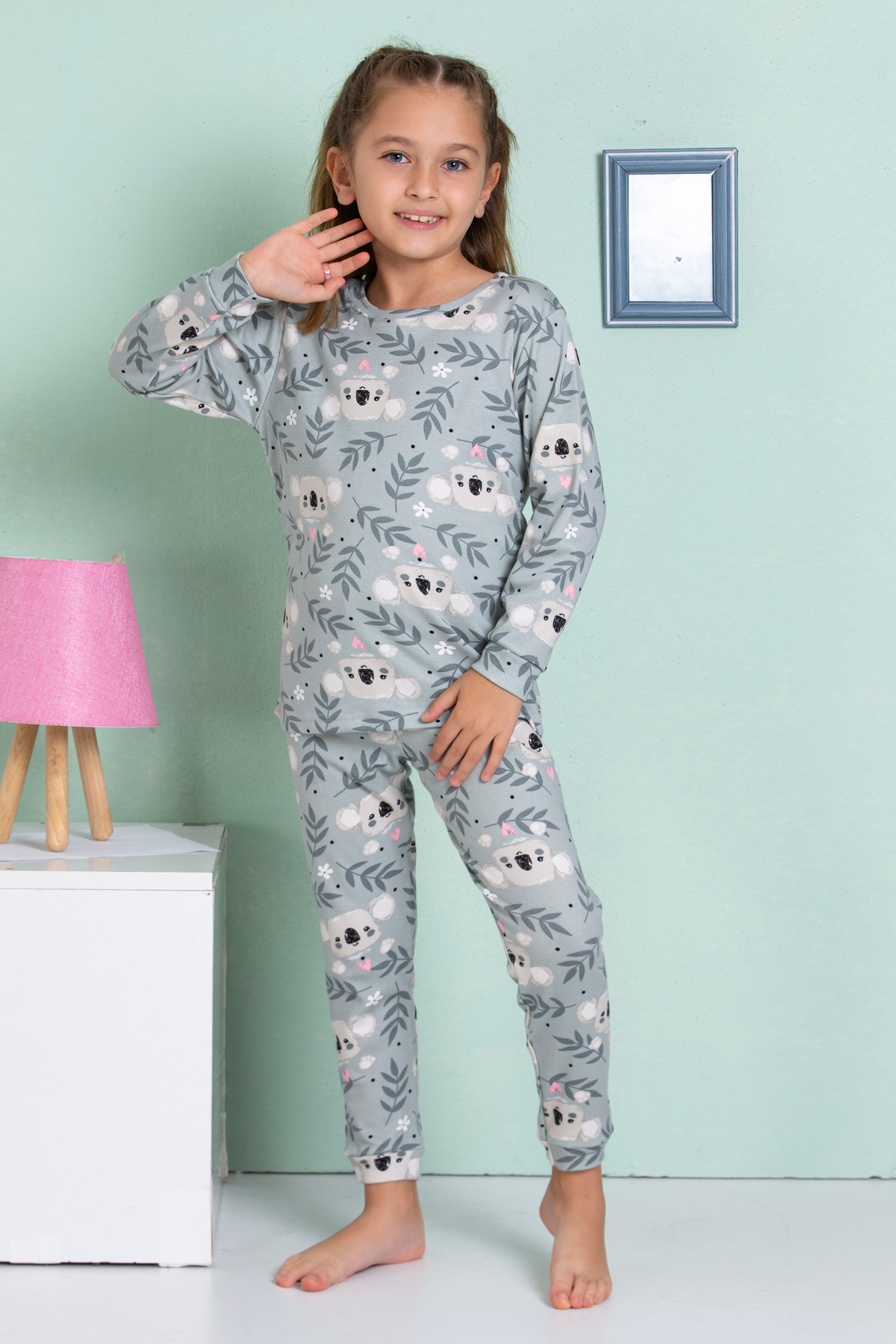 elmas kids Kız Çocuk ve Bebek Sevimli Koala Desenli Gri %100 Pamuklu Pijama Takımı fotoğrafı 3 (önizleme)