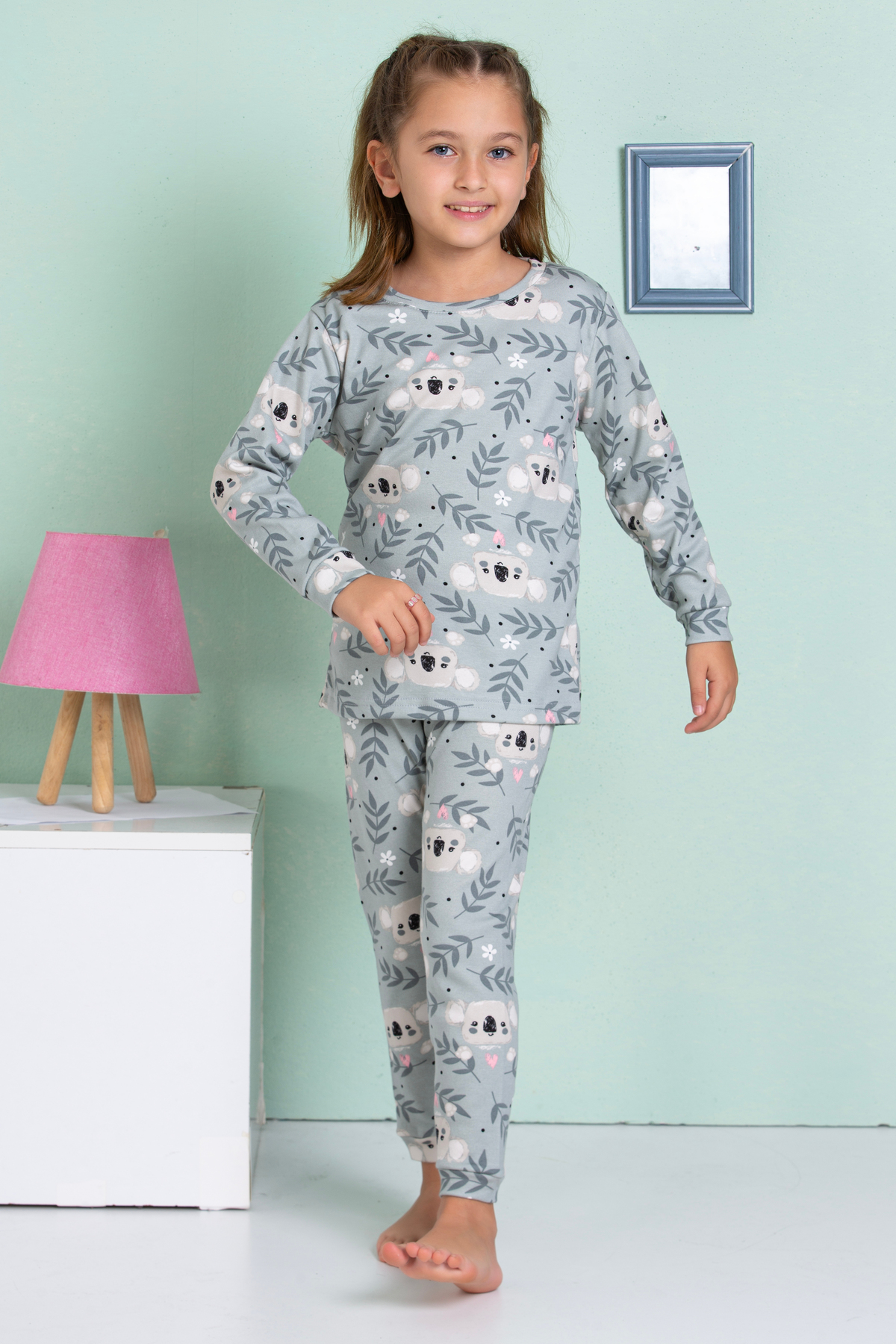 elmas kids Kız Çocuk ve Bebek Sevimli Koala Desenli Gri %100 Pamuklu Pijama Takımı fotoğrafı 5 (önizleme)