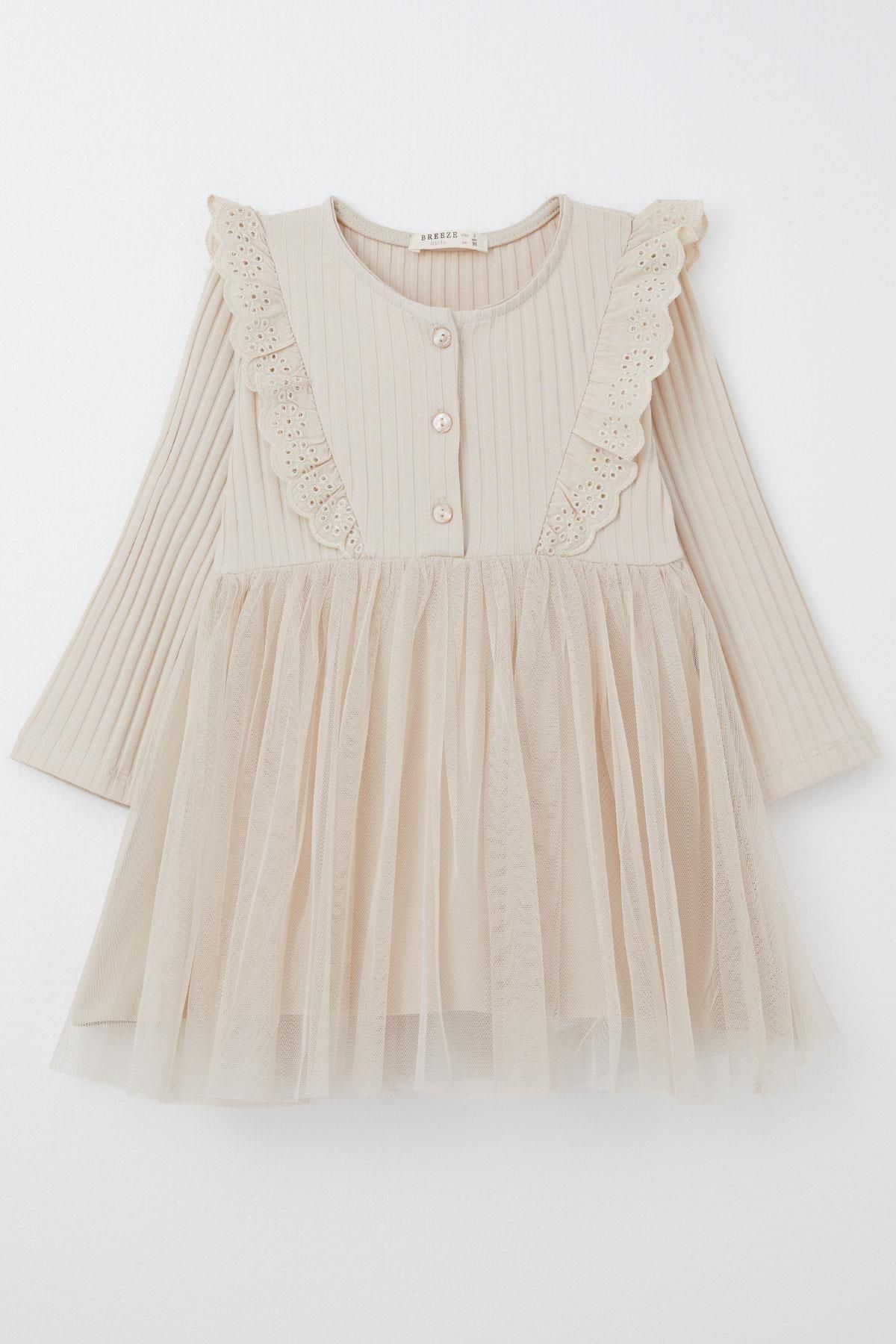 Breeze-Beige Dress for Girls - Long Sleeve, Guipure Embroidery, Button, 3-8 Years 1