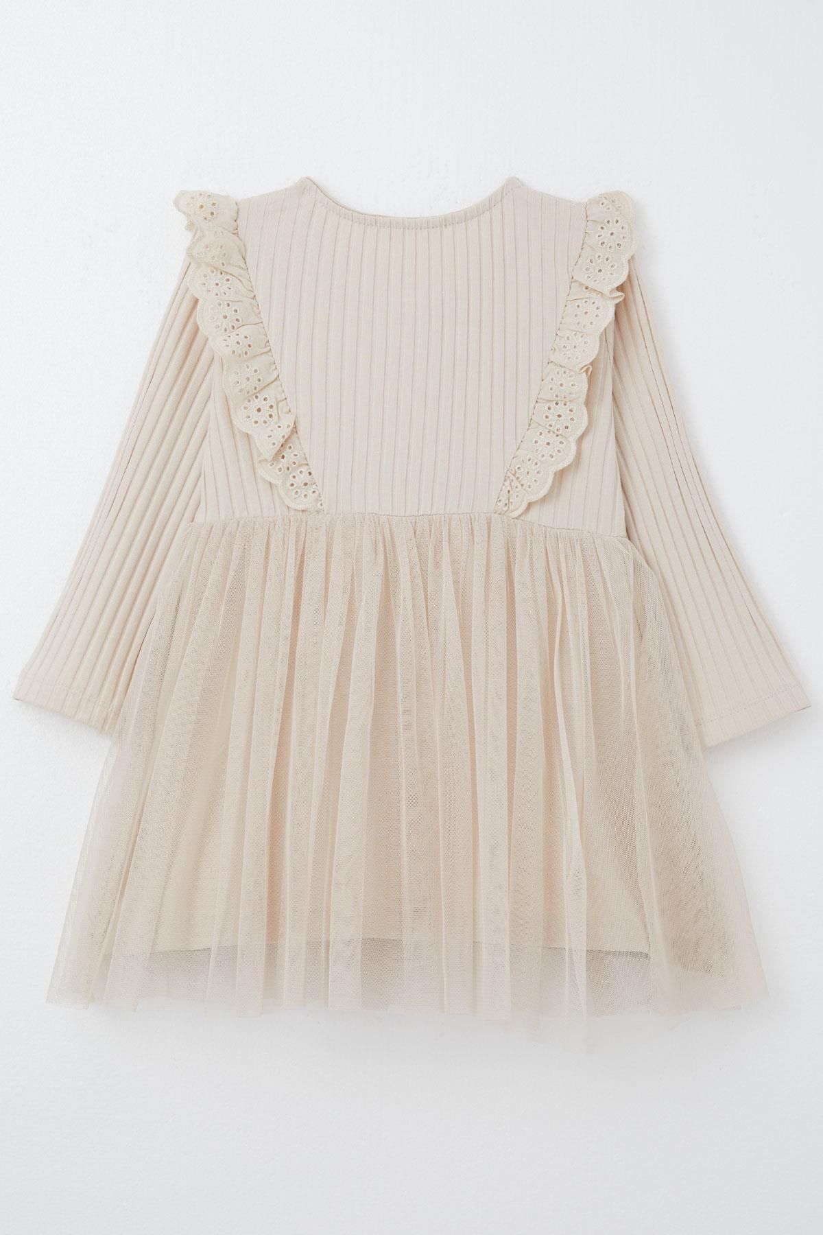 Breeze-Beige Dress for Girls - Long Sleeve, Guipure Embroidery, Button, 3-8 Years 2