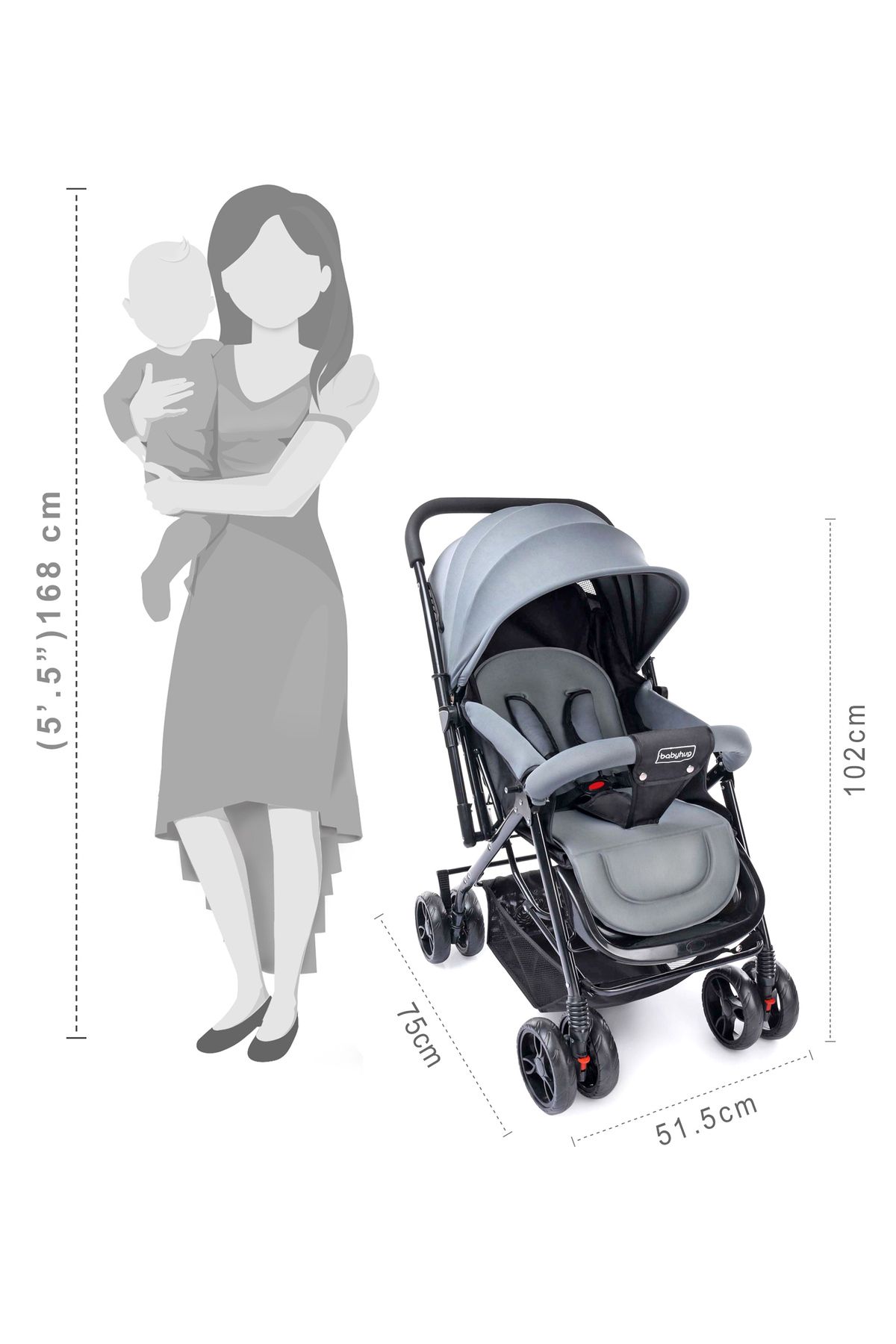 Babyhug-Babyhug Symphony Stroller - 0-3 Years, Reversible Handle, Mosquito Net, 5-Point Harness, Grey 3