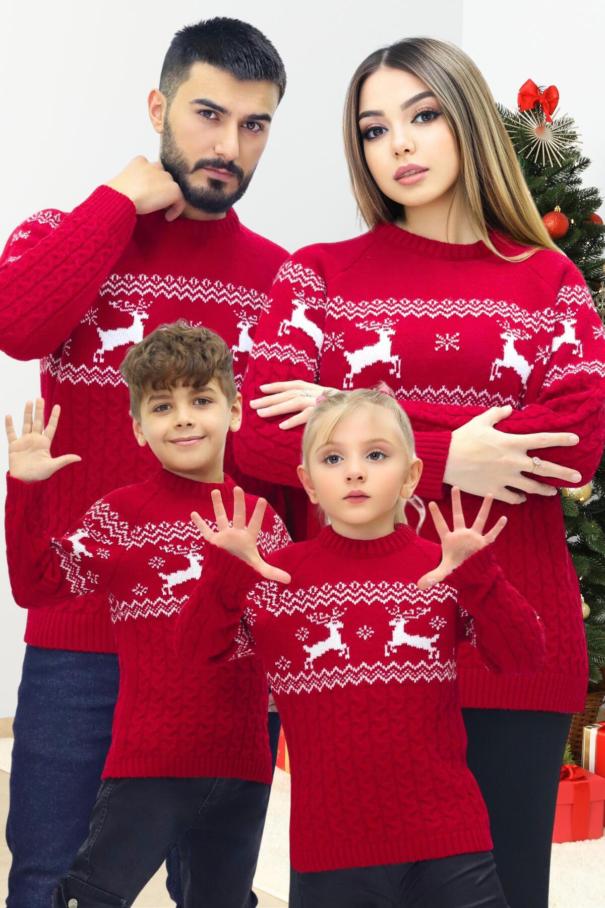 KURGAN TEKSTİL Bisiklet Yaka Uzun Kollu Yılbaşı Temalı Aile Kombini Triko Kazak