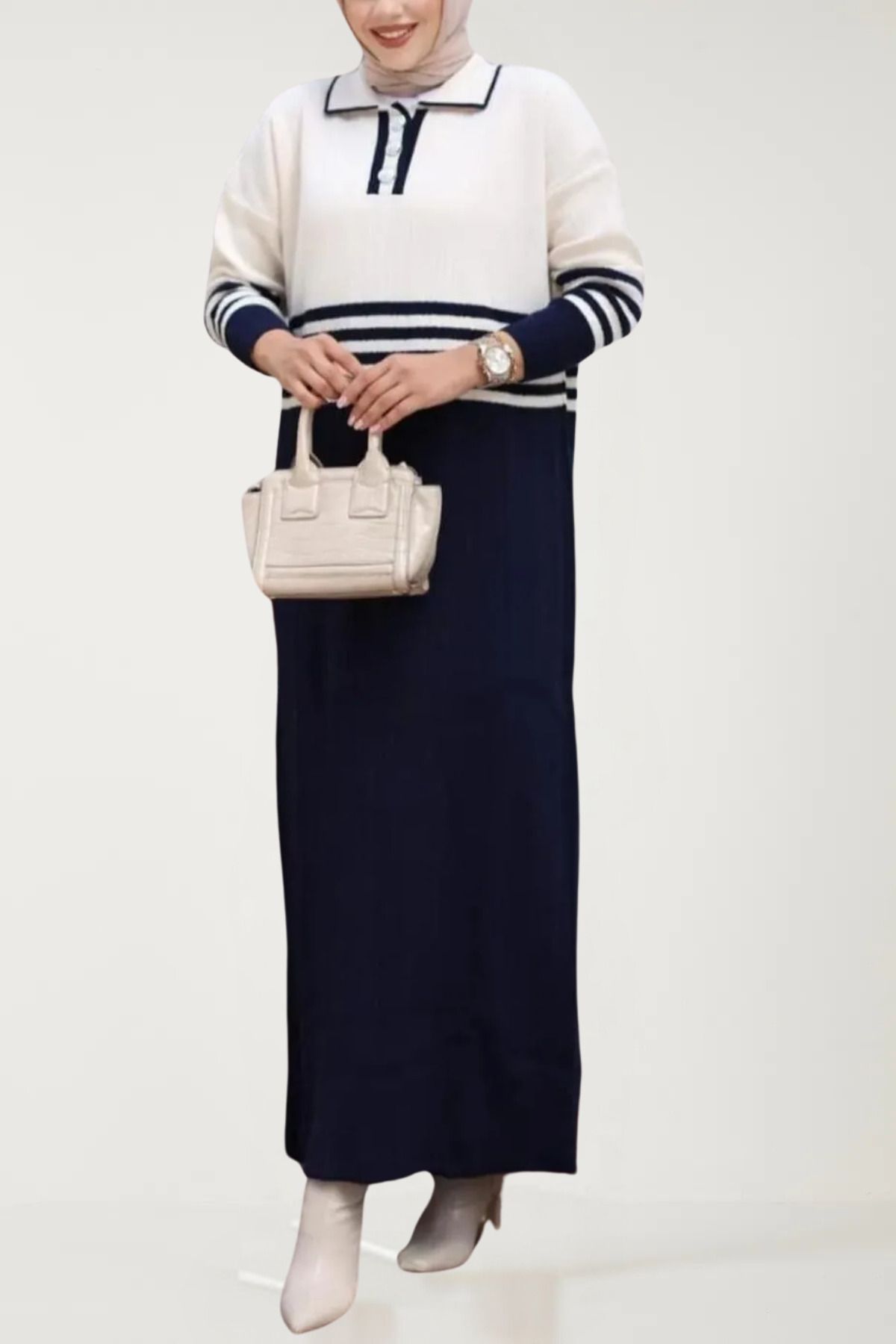 YUMİSO-Polo Neck Long Sleeve Striped Knitwear Dress 3